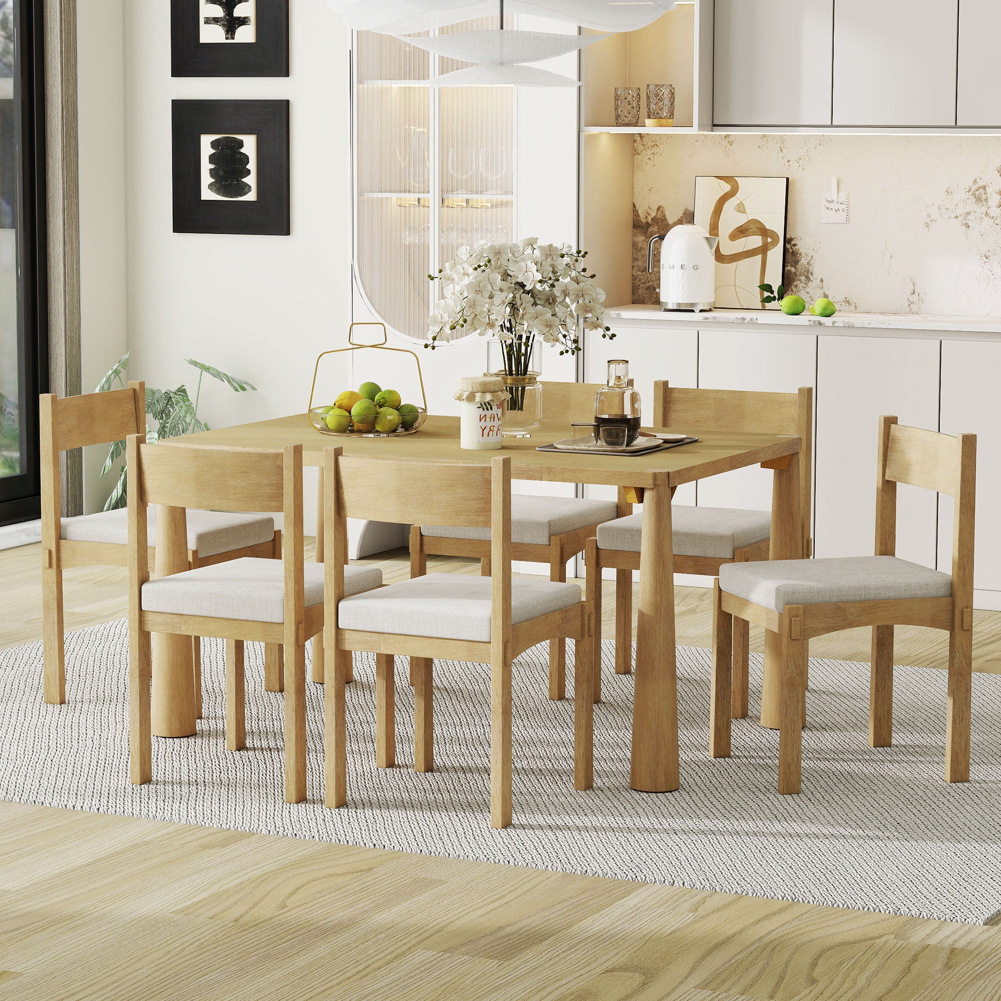 TREXM 7-Piece Retro Dining Table Set for 6, Wood Dining Table Set for 6 with Upholstered Chairs for kitchen & Dining Room (Natural Wood Wash)