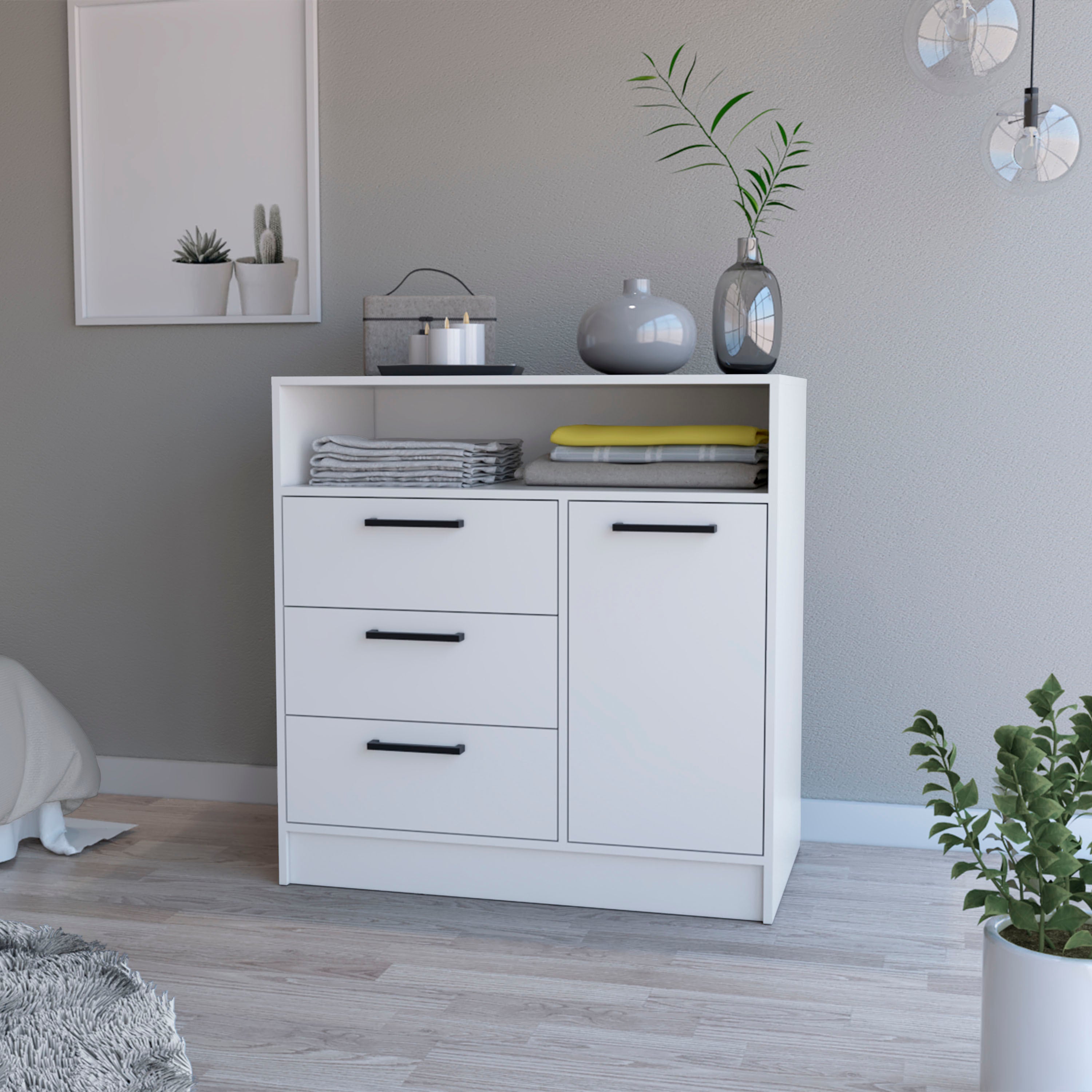 Cresco 3 Drawer Dresser with Door Cabinet and Open Storage Shelf