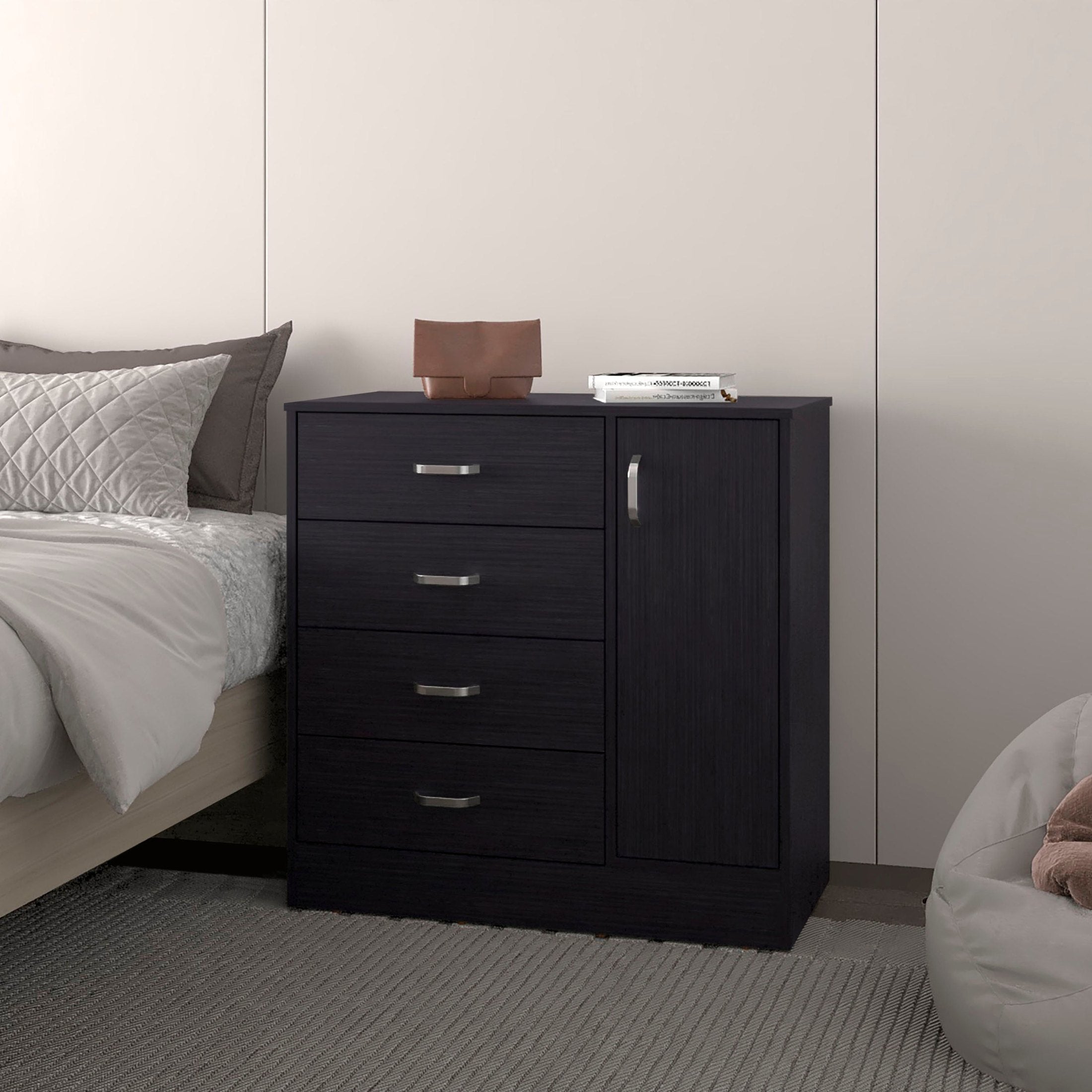 FM FURNITURE Turkey 4-Drawer Dresser with Side Cabinet, Freestanding Storage Organizer with Interior Shelf – Ideal for Bedroom, Wenge