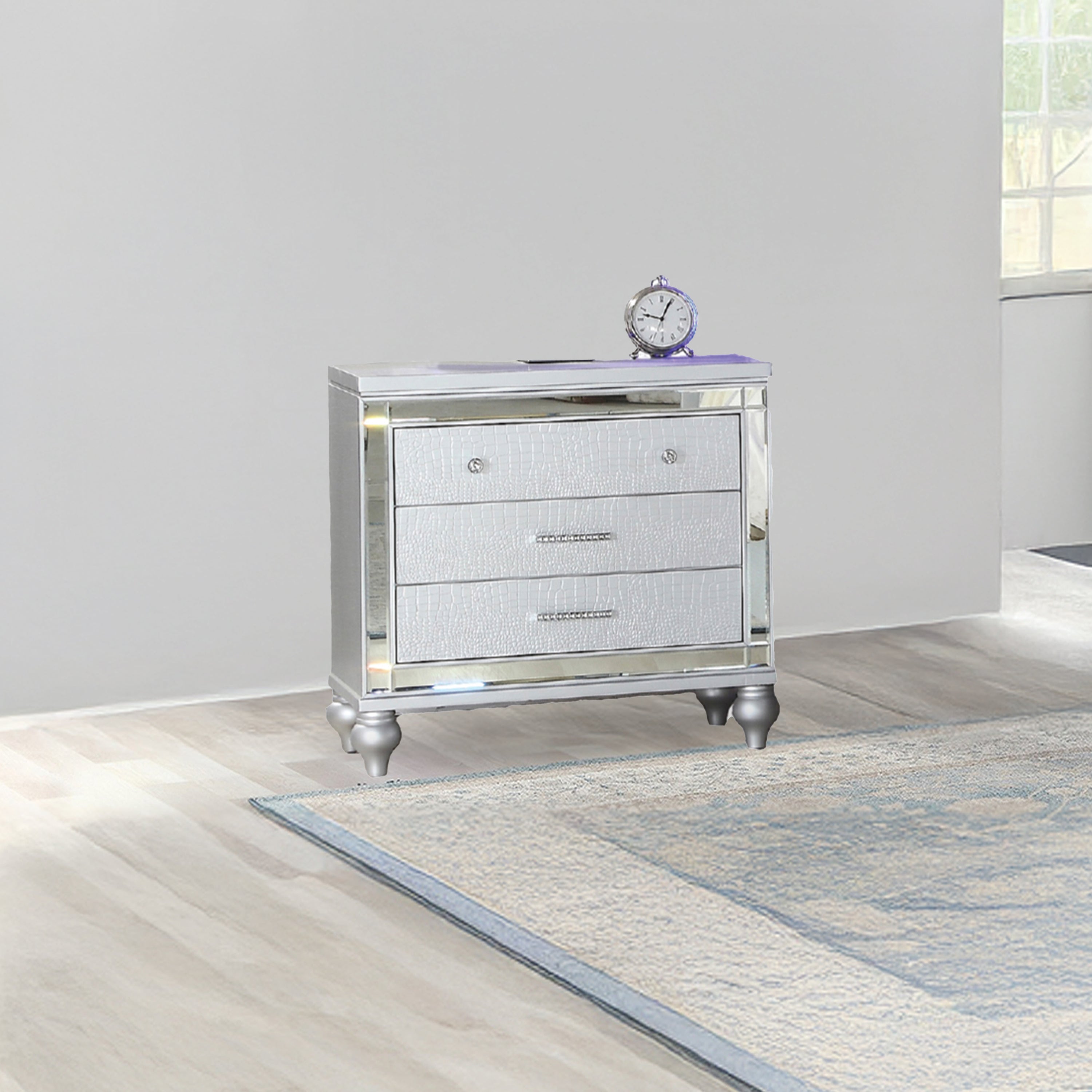 Sterling Modern Style Mirror Framed 3-Drawer Nightstand Made with Wood in Silver  same as G150108488  (NJ inventory)