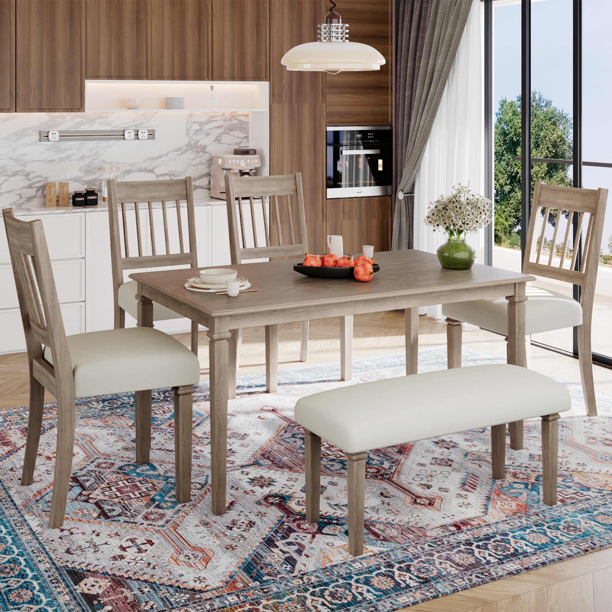 6-Piece Retro Dining Room Set, Classic Kitchen Furniture Set, Wooden Rectangular Table and 4 Chairs with Bench for kitchen & Dining Room (Easy Assembly, Space Saving)(BROWN)