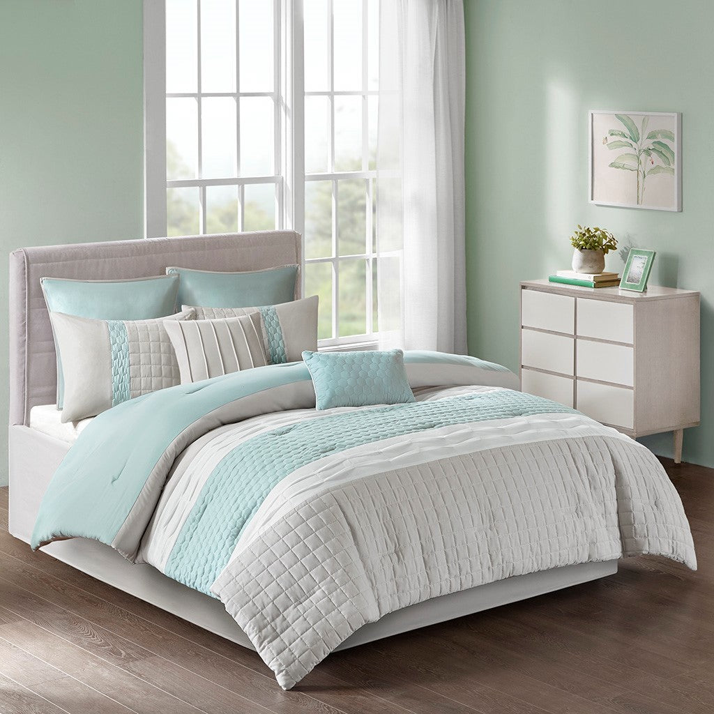 8 Piece Comforter Set Seafoam/Grey Queen