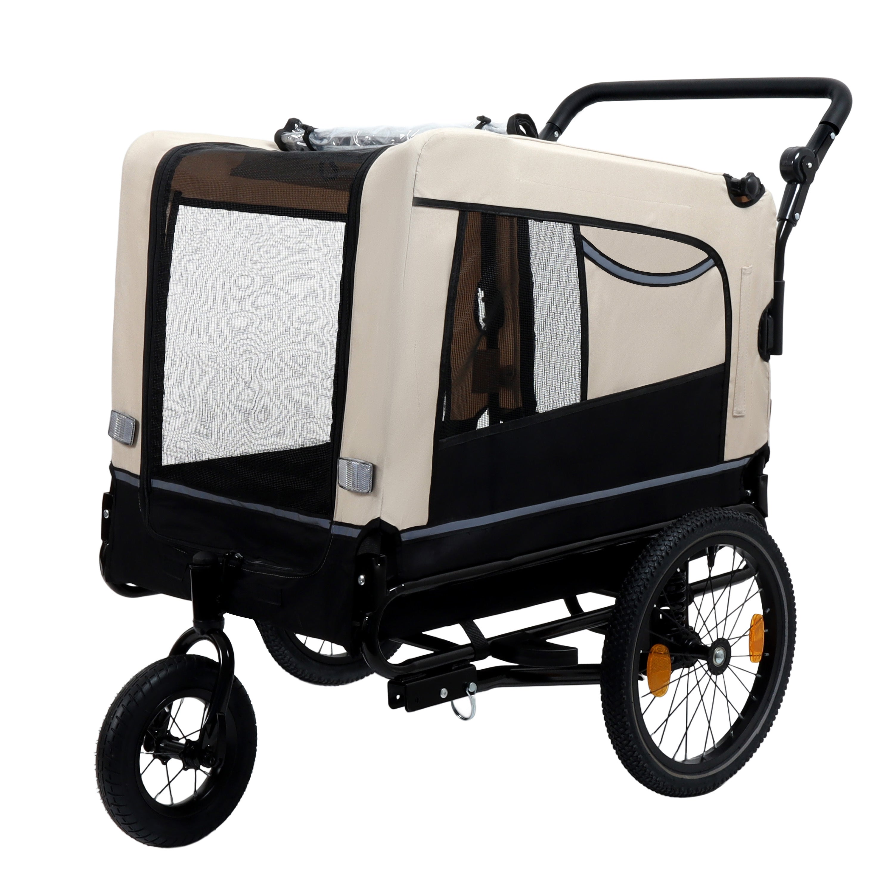 Extra Large 2-in-1 Bike Trailer & Push Cart for Pets - Detachable Bike Hitch & Push Handle Included , Quick ReleaseAll-Terrain Wheels , Non-Slip Floor, Internal Leash, Holds Up to 88 lbs, Black- Beige