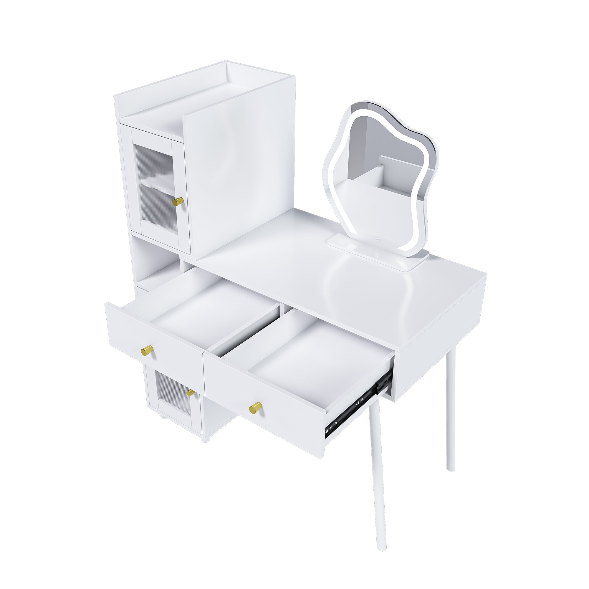 Vanity Dressing Table with LED Mirror & Storage - White Makeup Desk with 3 Drawers, 2 Open Shelves & 4 Hidden Cabinets