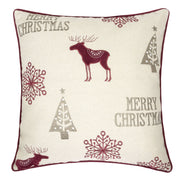 Merry Christmas Embroidered Poly Linen Throw Pillow – 20x20' Holiday Cushion with Reindeer, Trees & Snowflakes