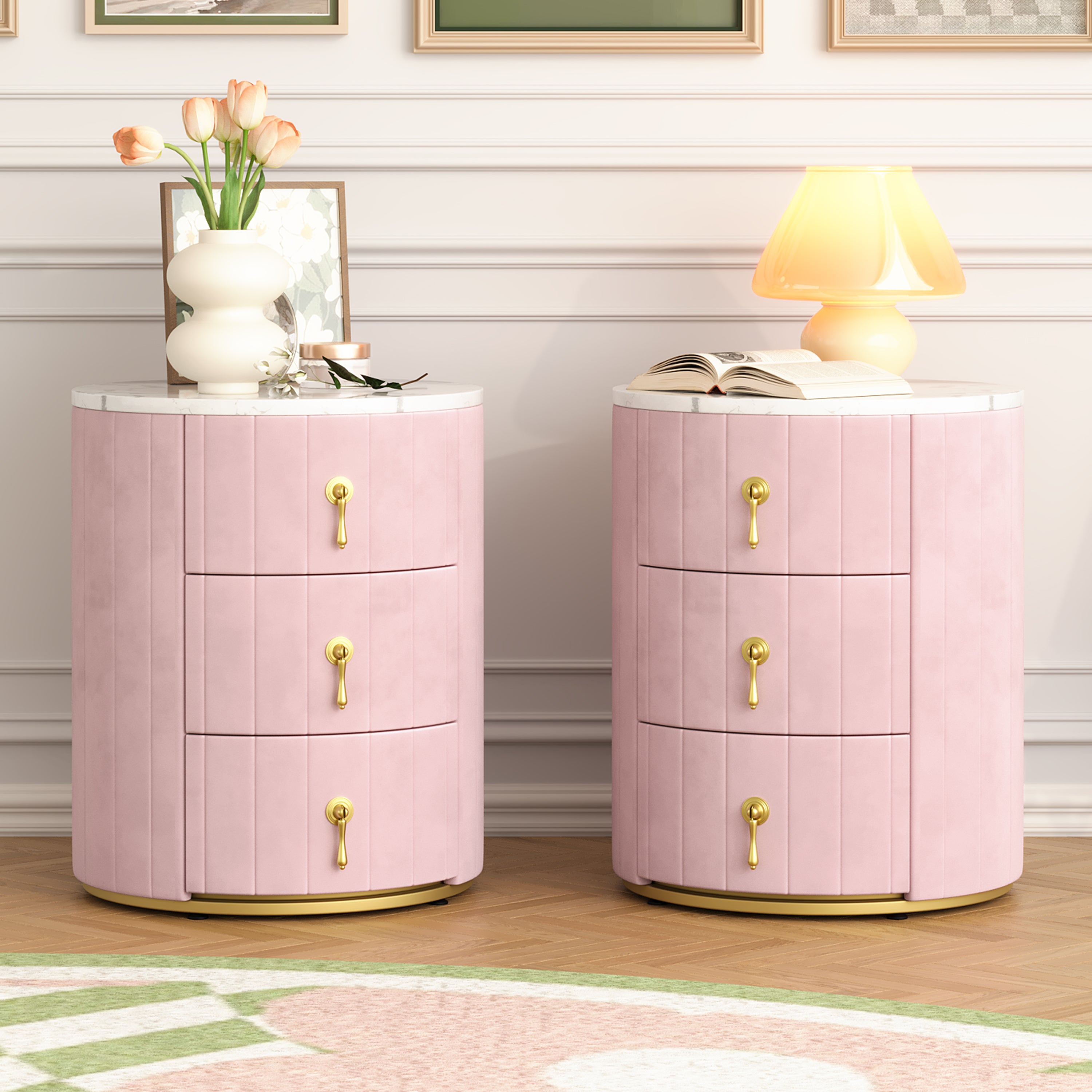 2 Set Upholstered Nightstand with 3 Drawers, Round Bedside Table with Metal Handles,Marbling Stickers Top Night Table for Bedroom, Fully Assembled Except Handles, Pink
