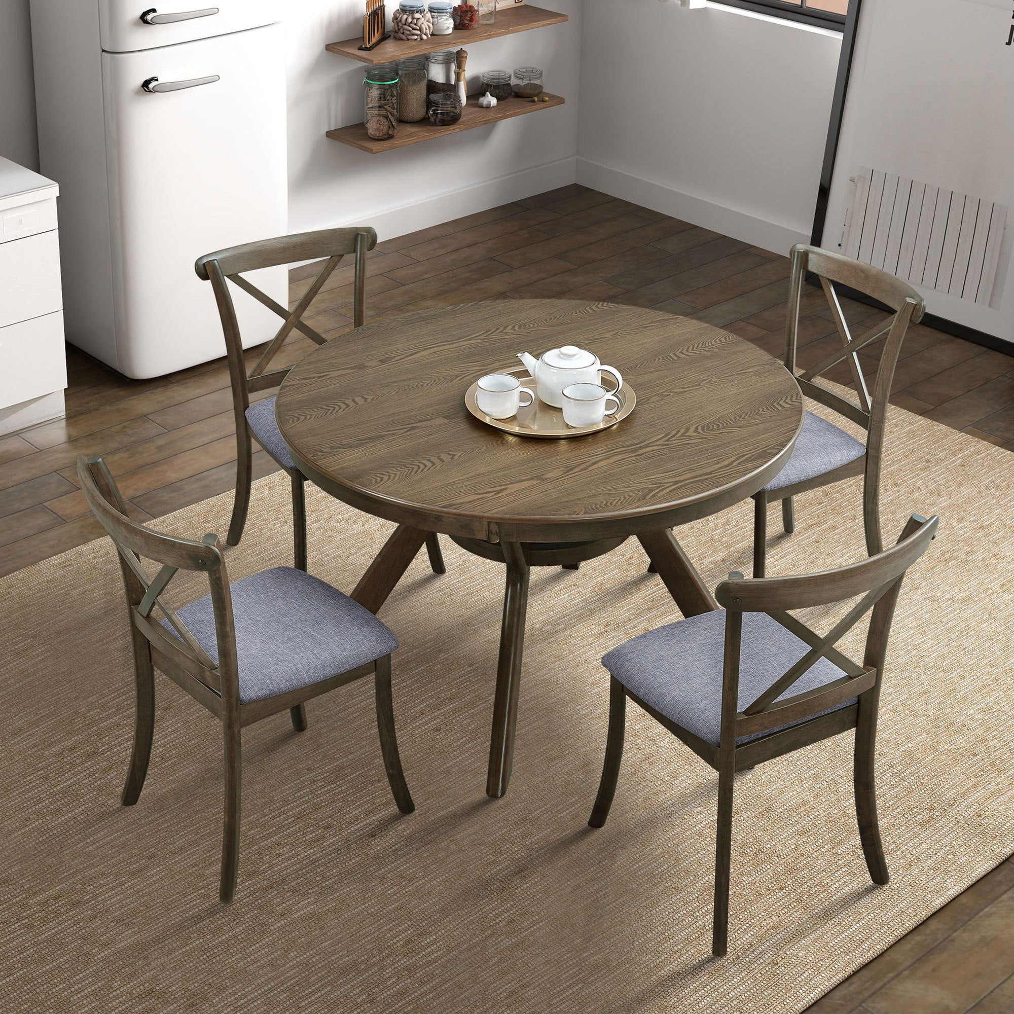 Wooden Dining Table Set, Mid Century Modern Round Rubber Wood Kitchen Table and Cross Back Upholstered Dining Chairs for Dining Room, Kitchen, Saving Space (1 Table with 4 Chairs),OAK