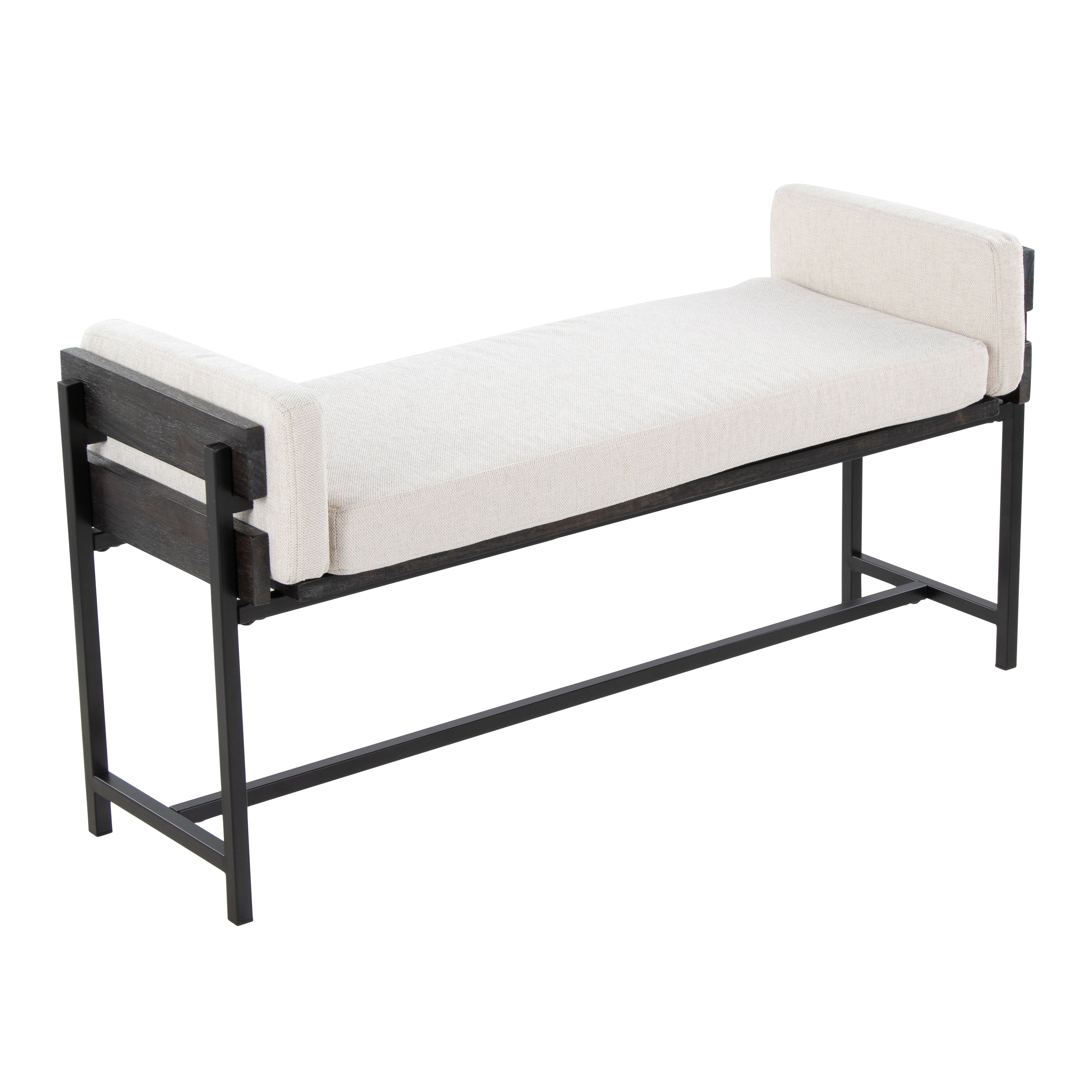 Kari 18' Farmhouse Bench with Black Metal, Grey Wood and Cream Fabric by LumiSource