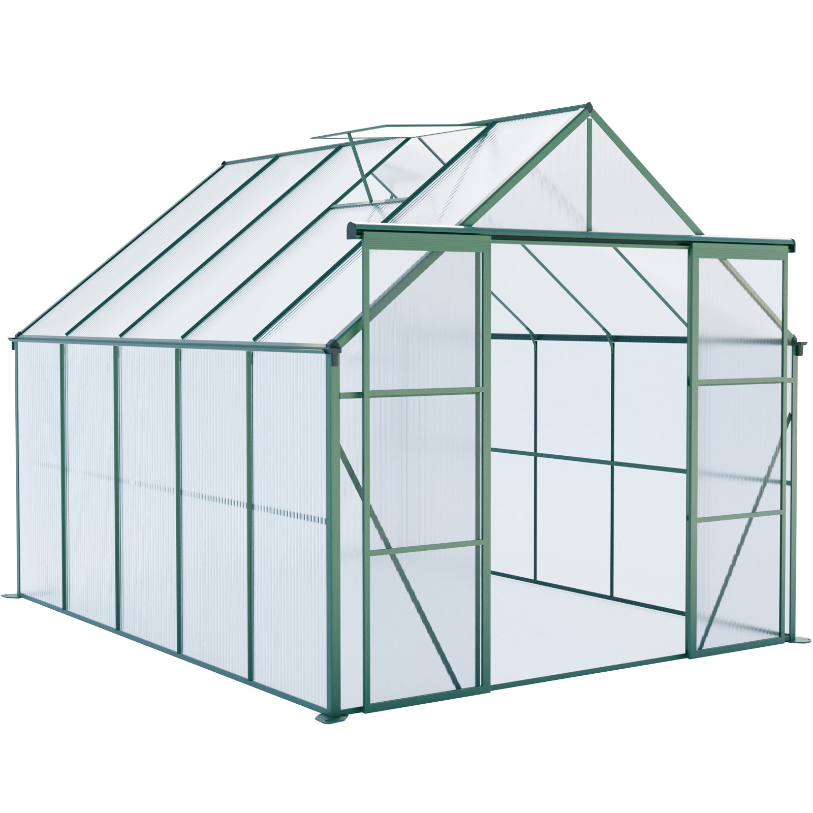 Heavy Duty Aluminum Polycarbonate Walk-in Greenhouse with Double Door and Raised Base, Green, 8x10FT