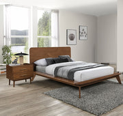 Platform Bed Walnut Color 3pc Bedroom Set Full Size Bed 2x Nightstands Wooden Mid-Century Modern Style
