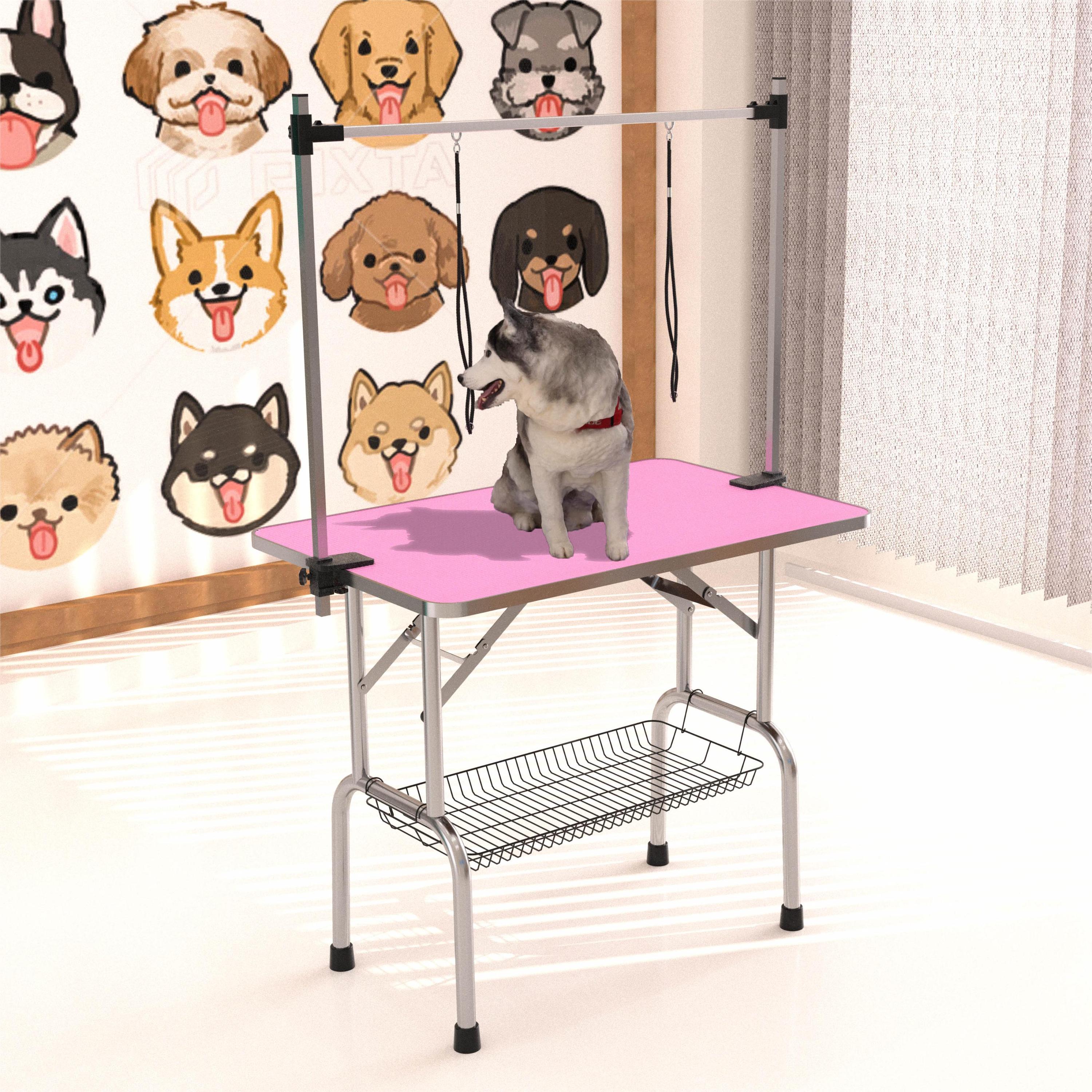 46' Folding Dog Pet Grooming Table Stainless Steel Frame Rubber Mat on Board with Adjustable Arm and Clamps pet dog Cat Grooming Table (PINK COLOR)