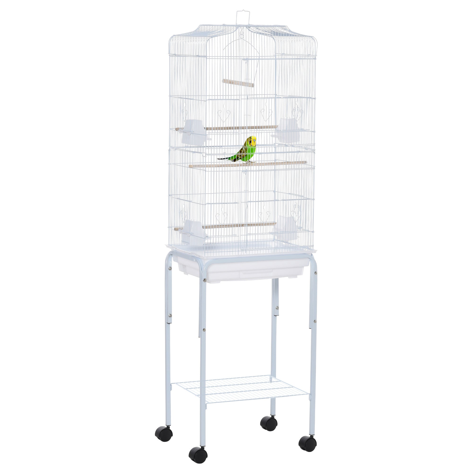 PawHut 60' Metal Indoor Bird Cage Starter Kit with Detachable Rolling Stand, Storage Basket, and Accessories, White