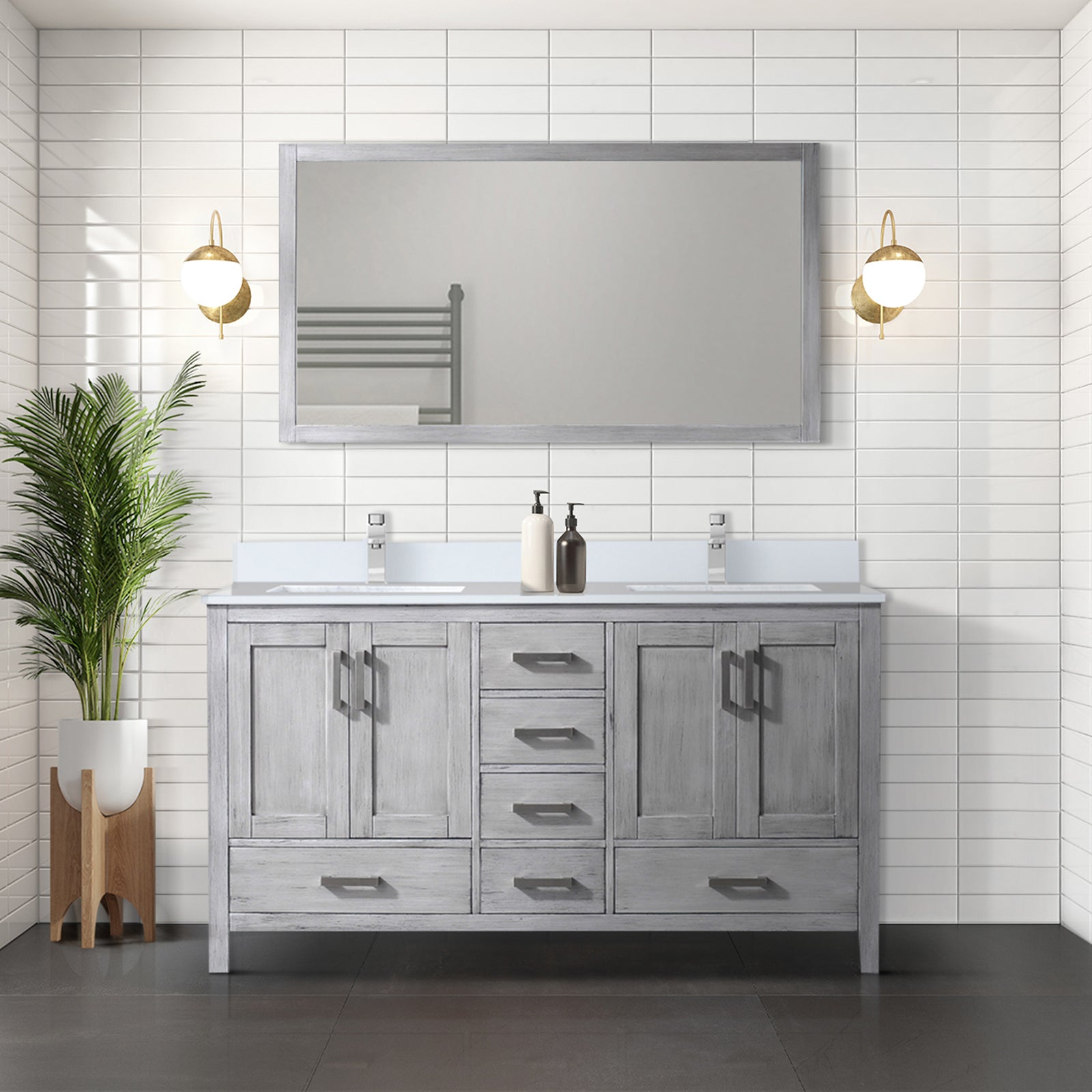 Distressed Grey Double Bath Vanity 60 in. W x 22 in. D, Cultured Marble Top, and Faucet Set
