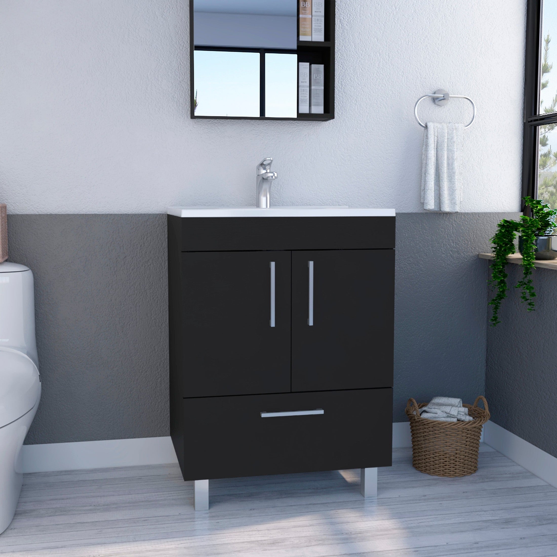 Single Bathroom Vanity with Sink, One Draw, Double Door Cabinet, Black
