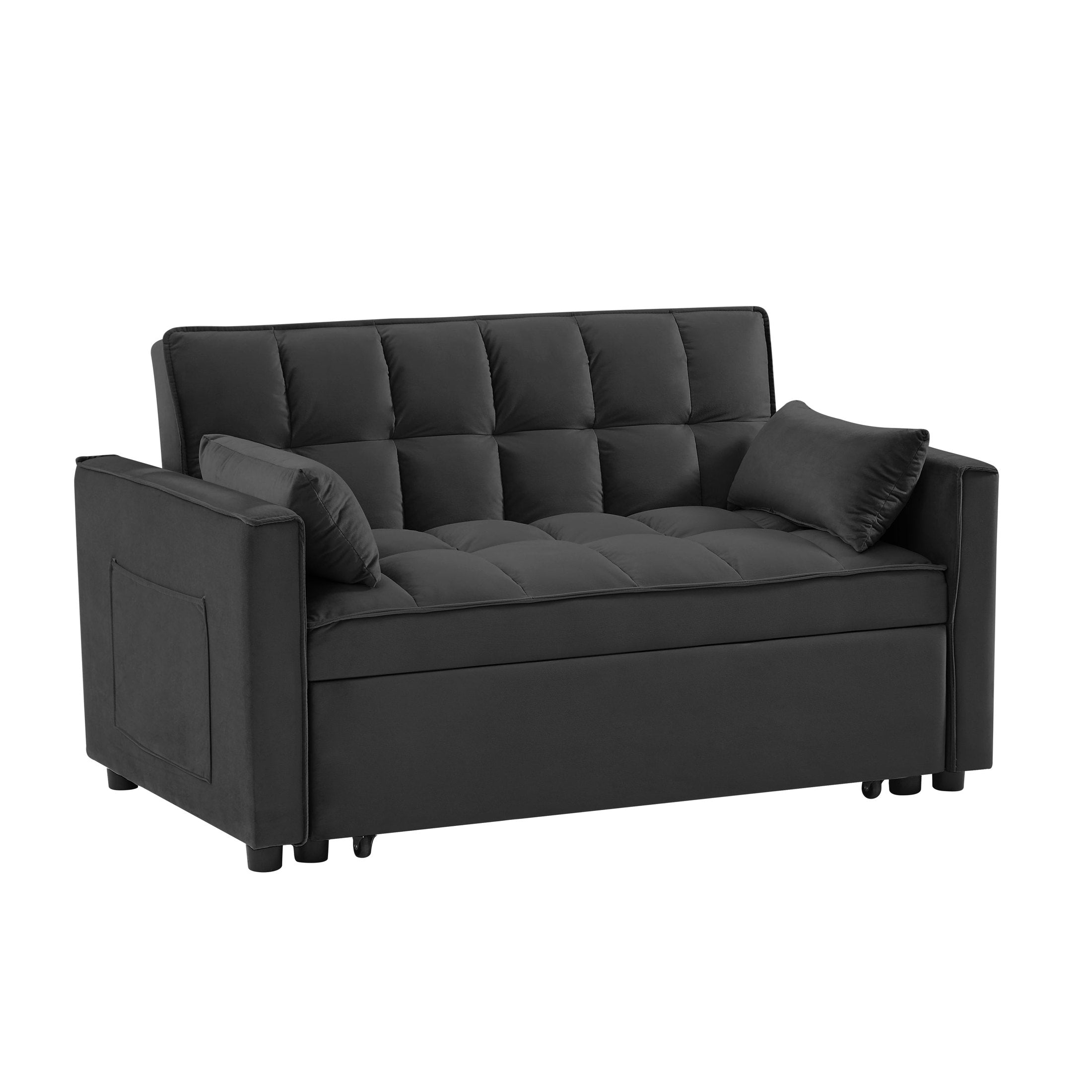 Modern Velvet Convertible Loveseat Futon Sofa with Pullout Bed, Reclining Backrest, Black