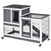 PawHut Elevated Wooden Rabbit Hutch with Enclosed Run and Wheels, Grey, Wood, 43.30 x 19.80 x 33.80 inches