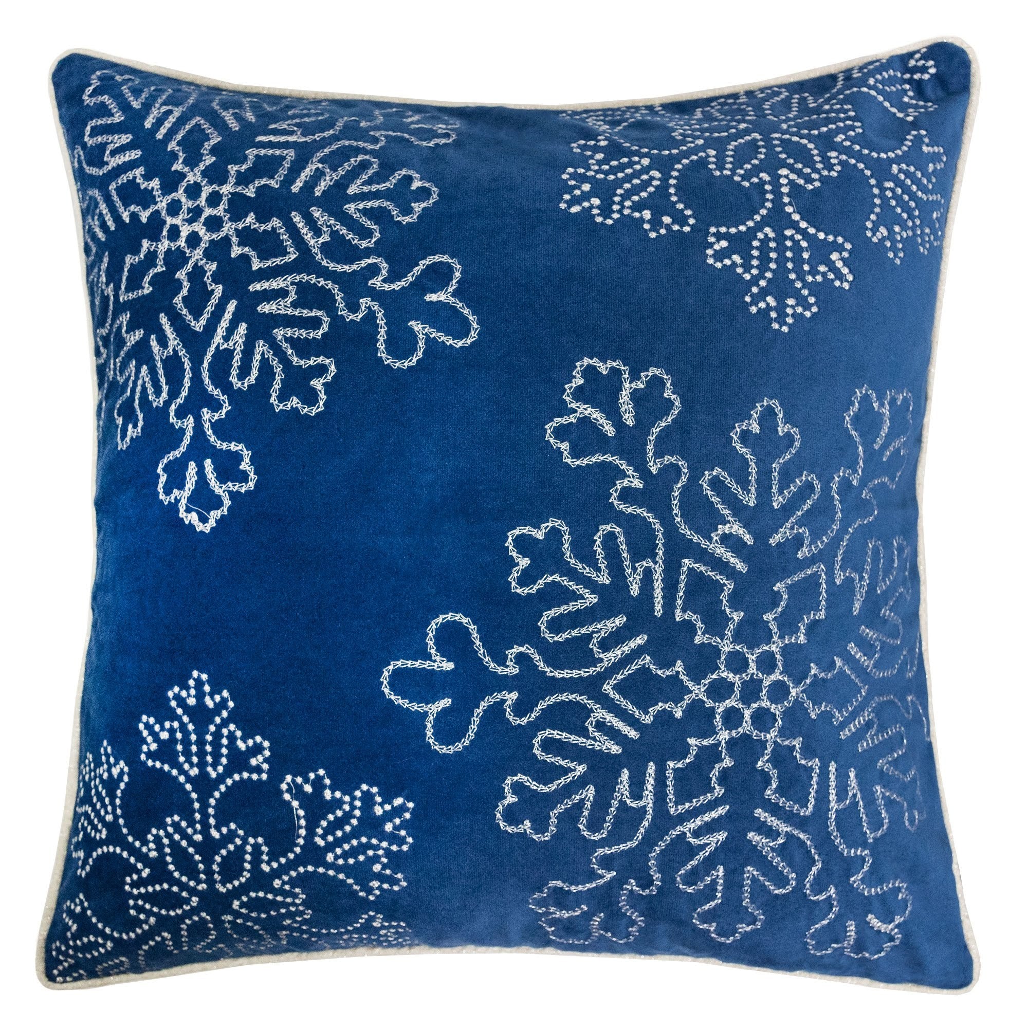 Blue Velvet Holiday Throw Pillow 20x20 with Silver Snowflake Embroidery and Insert