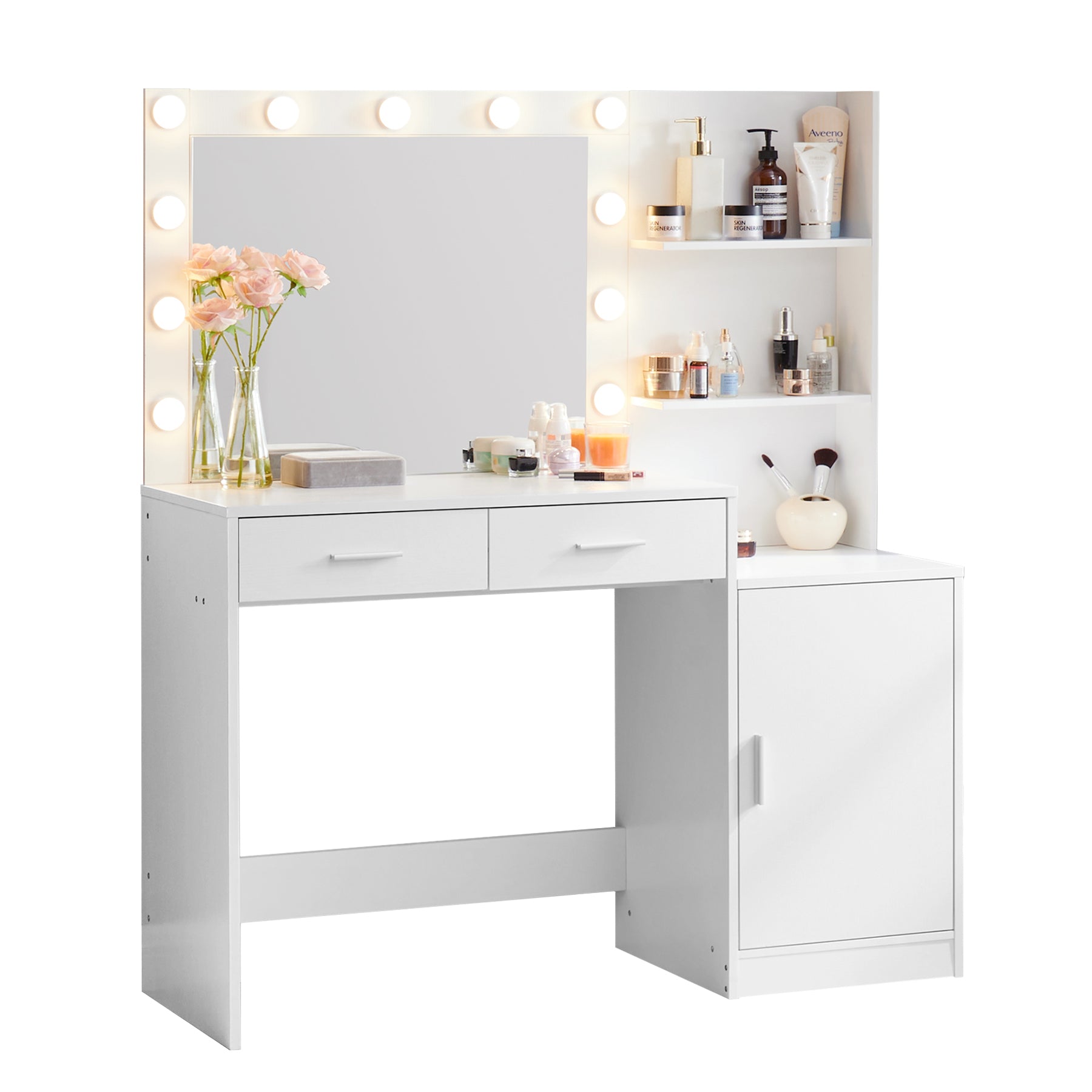 Eco-Friendly Vanity Desk with Mirror and Lights, 46.4IN Dressing Table, 3 Level Dresser, Adjustable Brightness, White