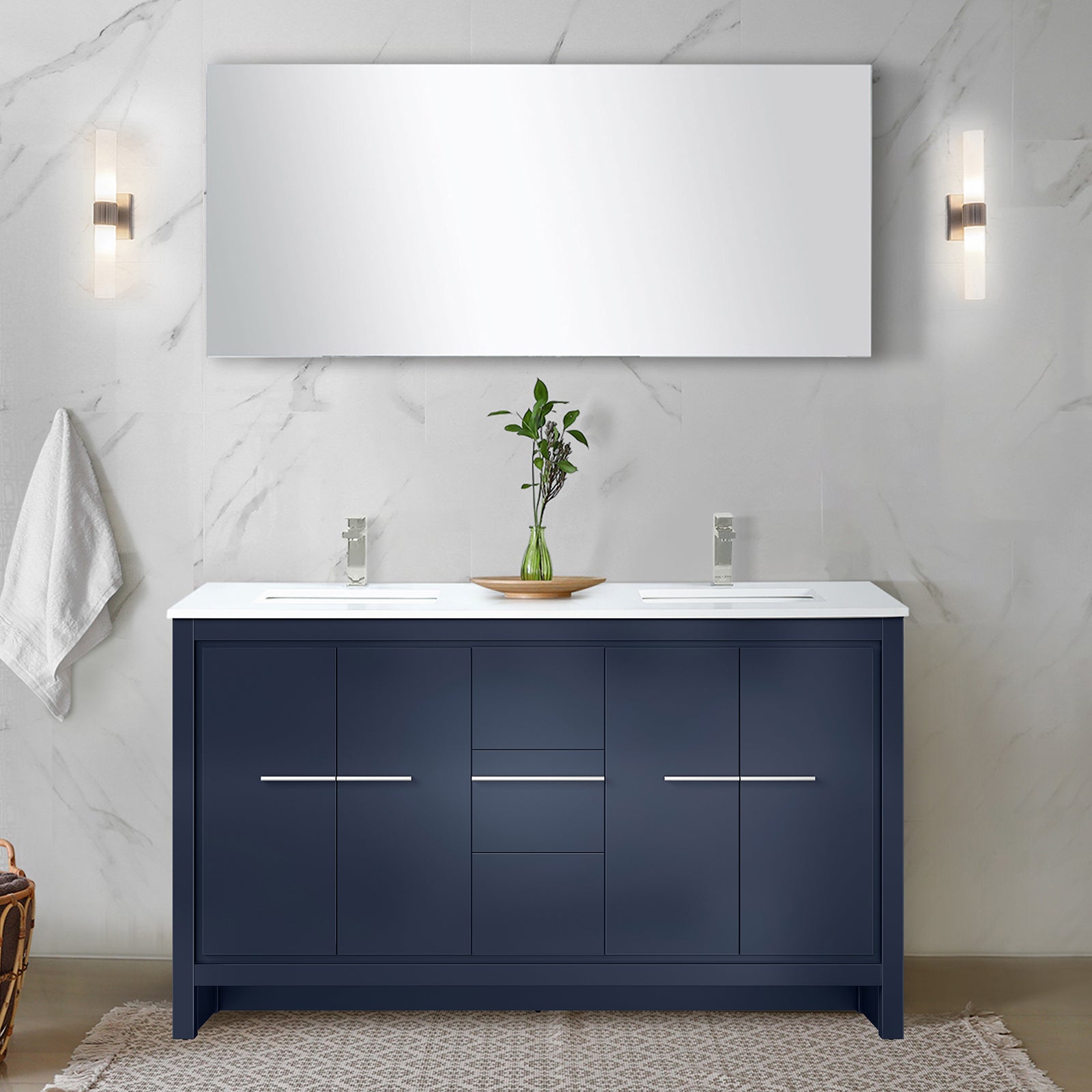 Navy Blue Double Bath Vanity 60 in. W x 20 in. D, White Quartz Top and Brushed Nickel Faucet Set
