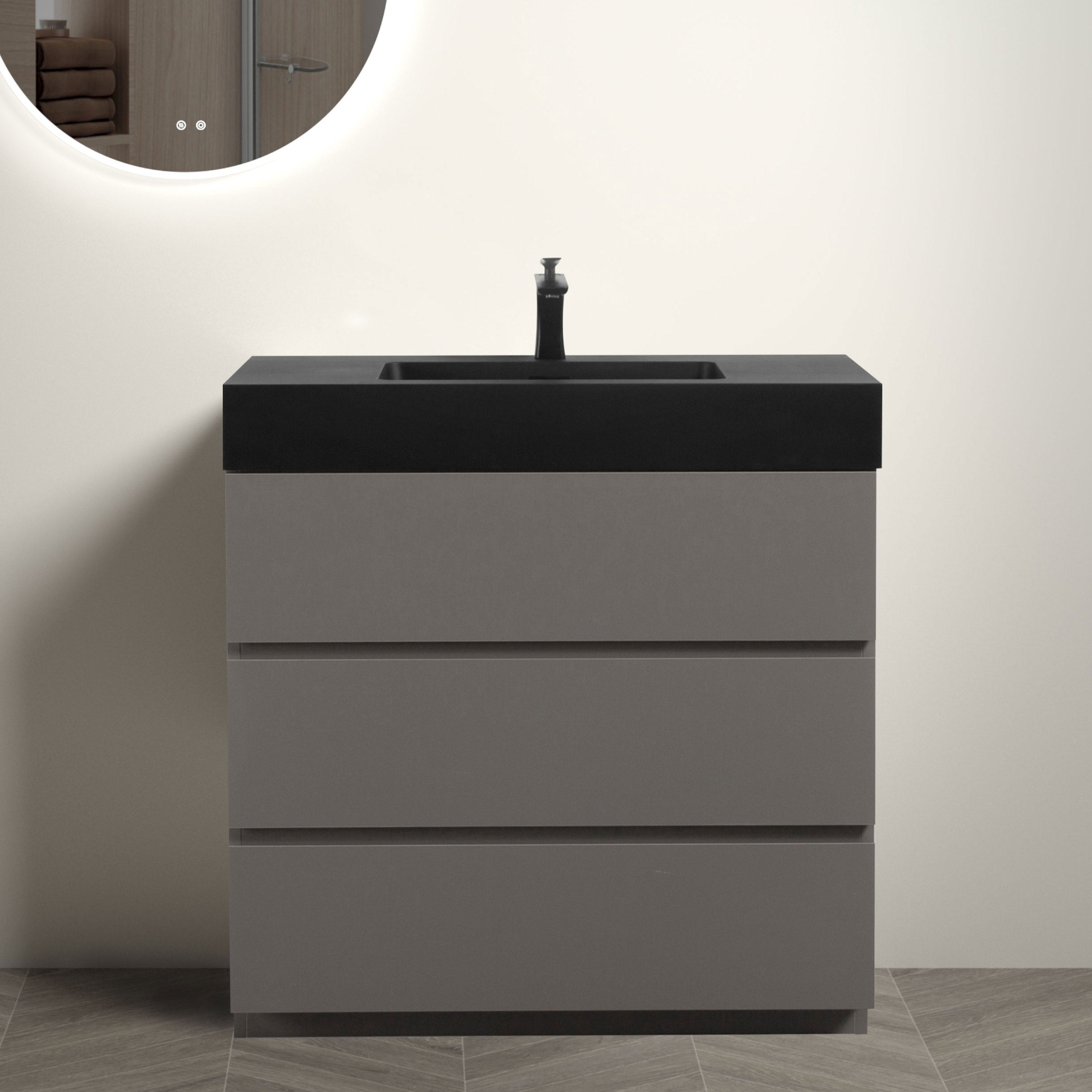 Alice 36' Gray Bathroom Vanity with Sink, Large Storage Freestanding Bathroom Vanity for Modern Bathroom, One-Piece Black Sink Basin without Drain and Faucet, Pre-assembled