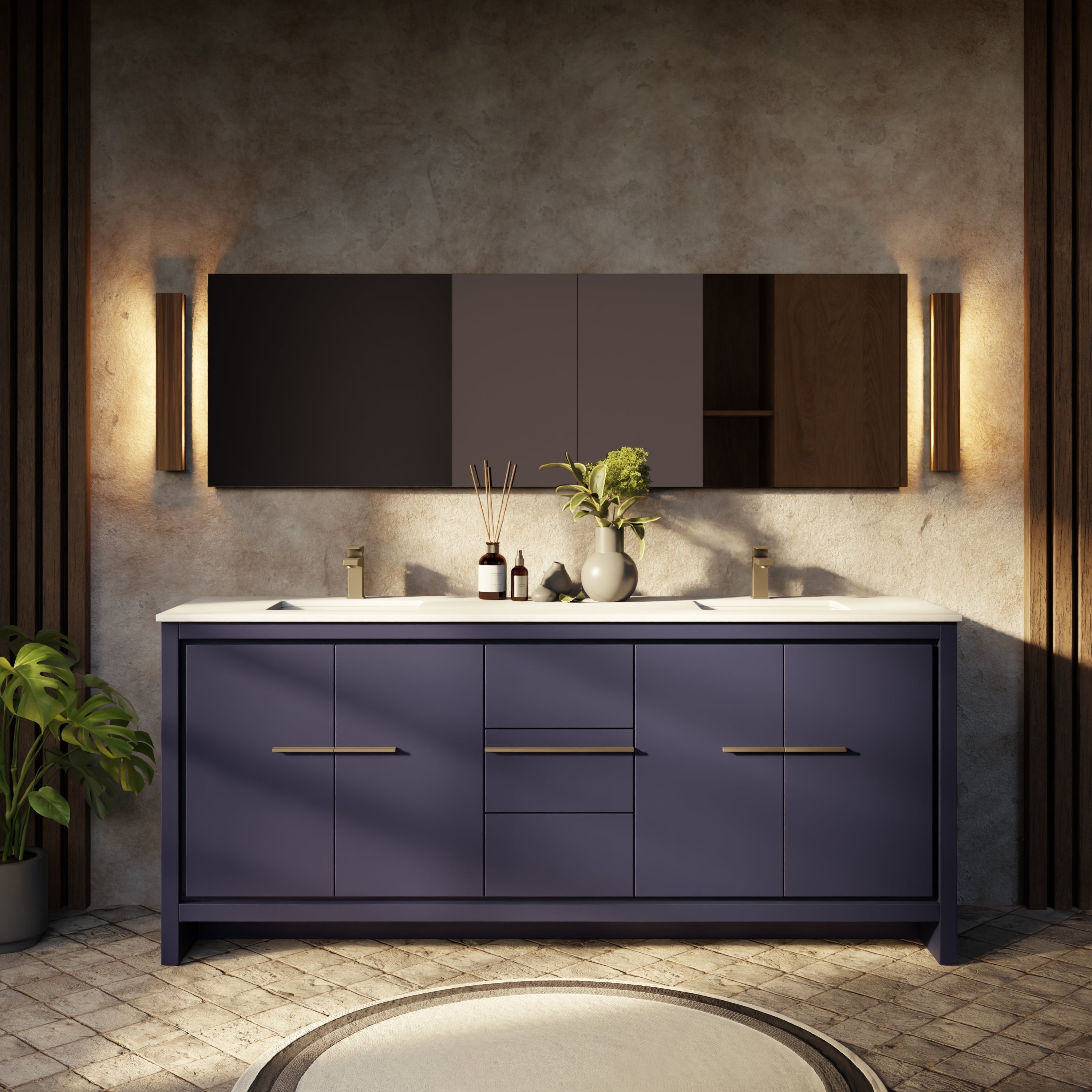 Navy Blue Double Bath Vanity 80 in. W x 20 in. D, with Cultured Marble Top