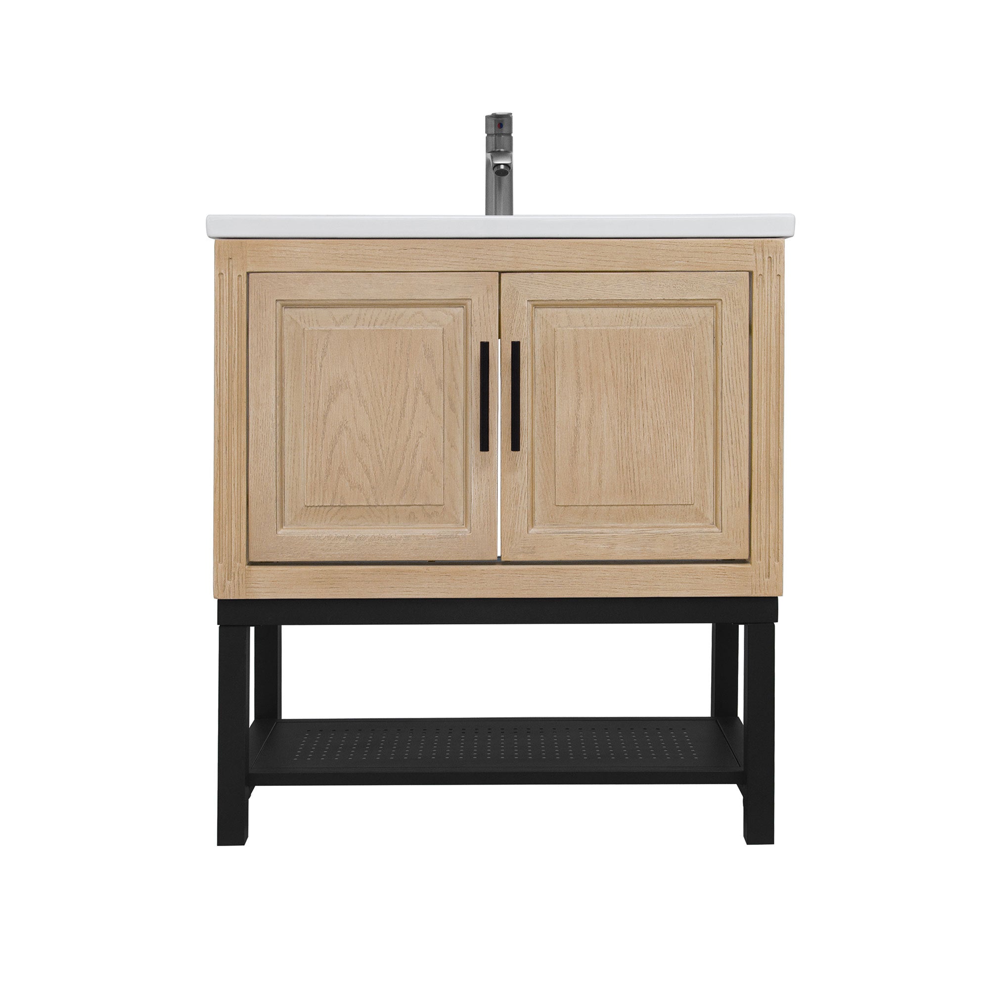 Modern Freestanding 32-Inch Bathroom Vanity with White Ceramic Sink, Hot and Cold Faucet, 2-Door Natural Cabinet & Open Iron Shelf, Magnesium Oxide Frame