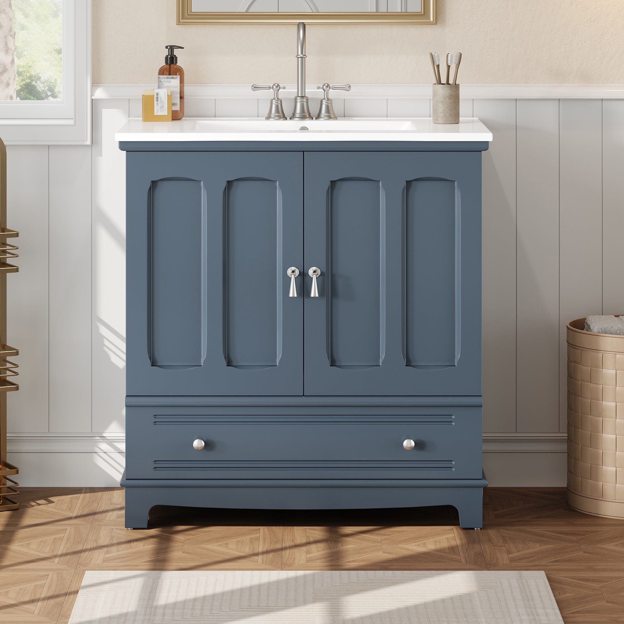 30' Bathroom Vanity with Ceramic Sink, Solid Wood Frame Bathroom Sink Cabinet with Adjustable Shelf, Drawer with Divider, Solid Wood Feet