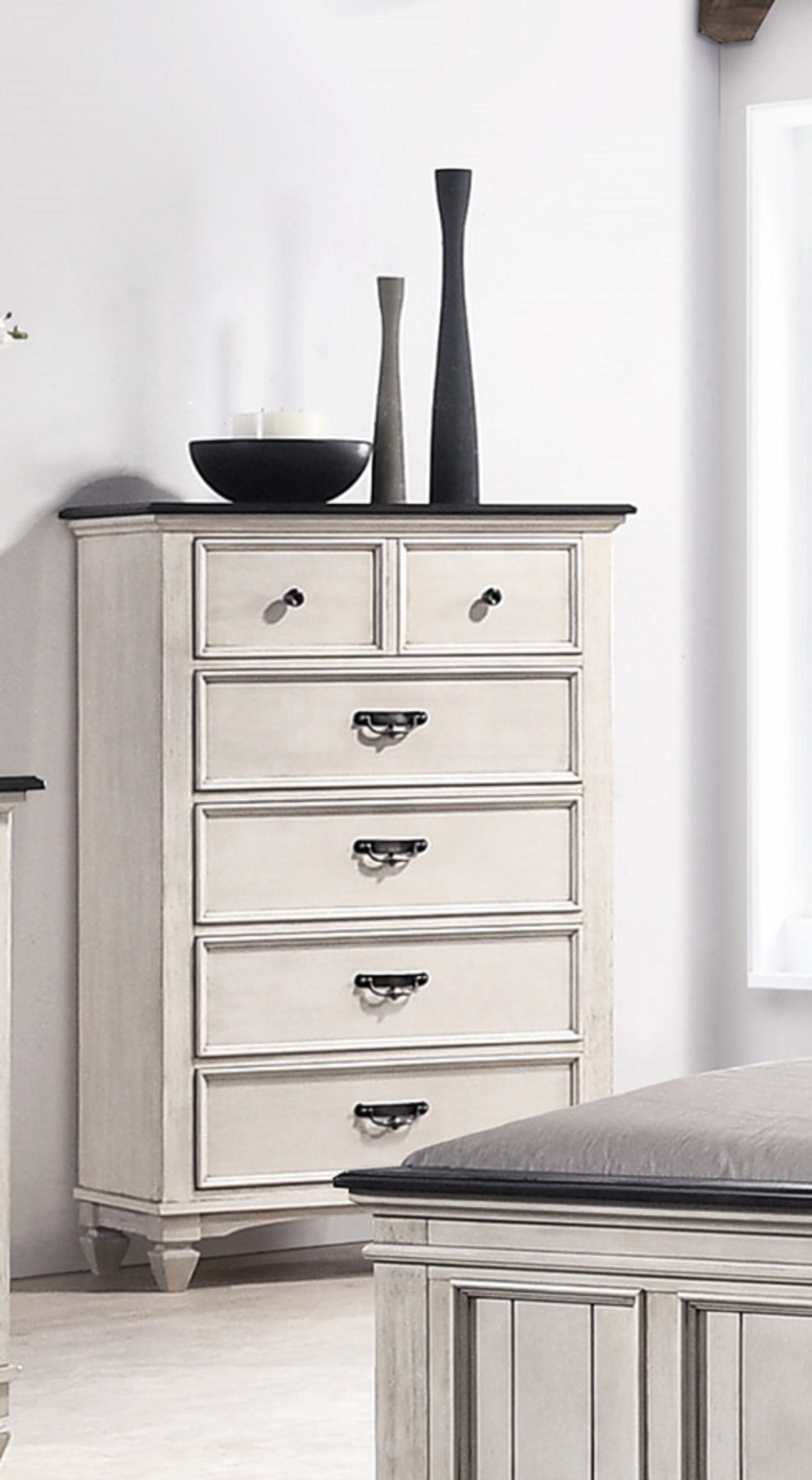 Beautiful Farmhouse Two-Tone Finish 1Pc Chest Storage Drawers Bedroom Furniture Black Nickel Hardware