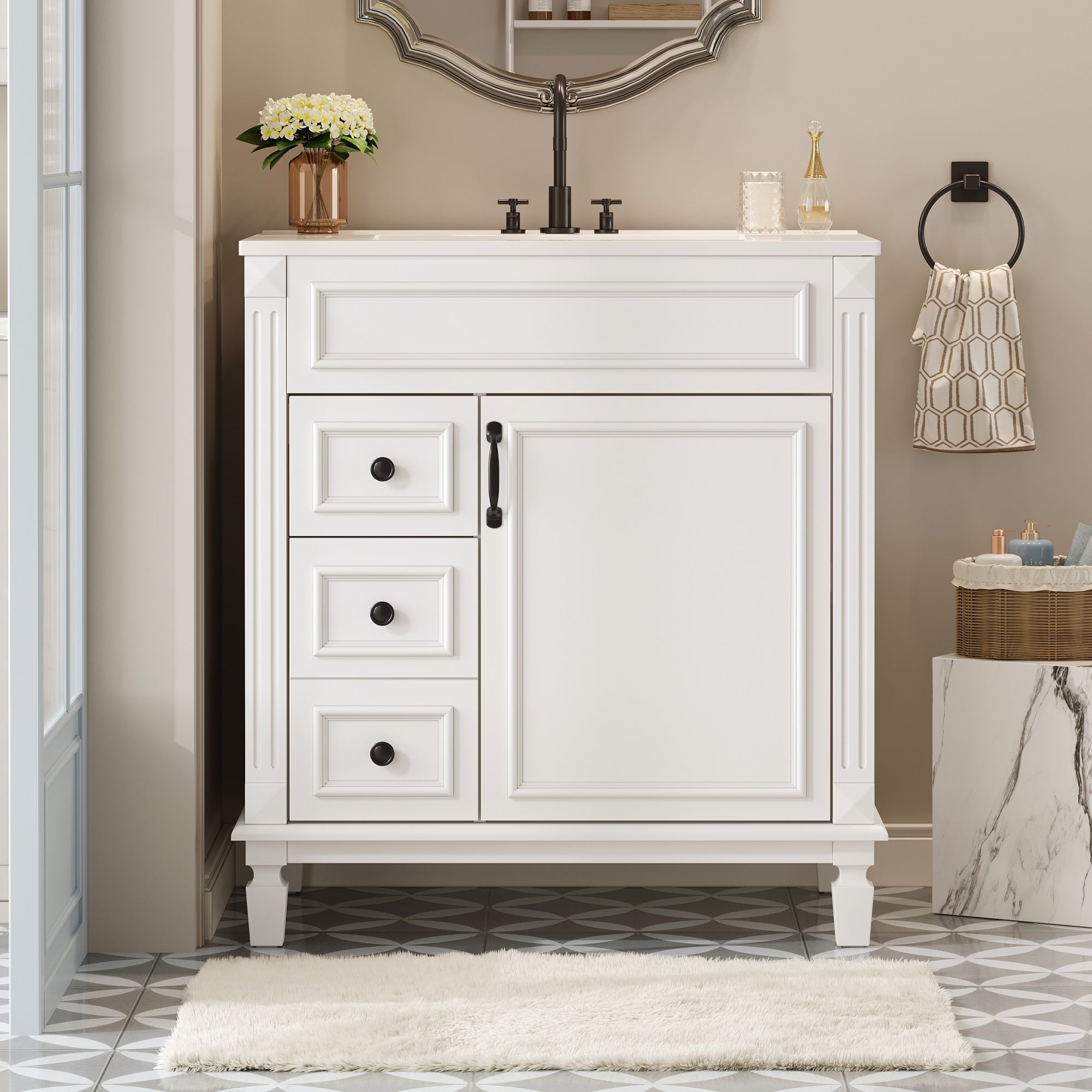 30' Bathroom Vanity with Ceramic Sink, Small Bathroom Sink Cabinet, Modern Cabinet with 2 Drawers and Adjustable Shelf