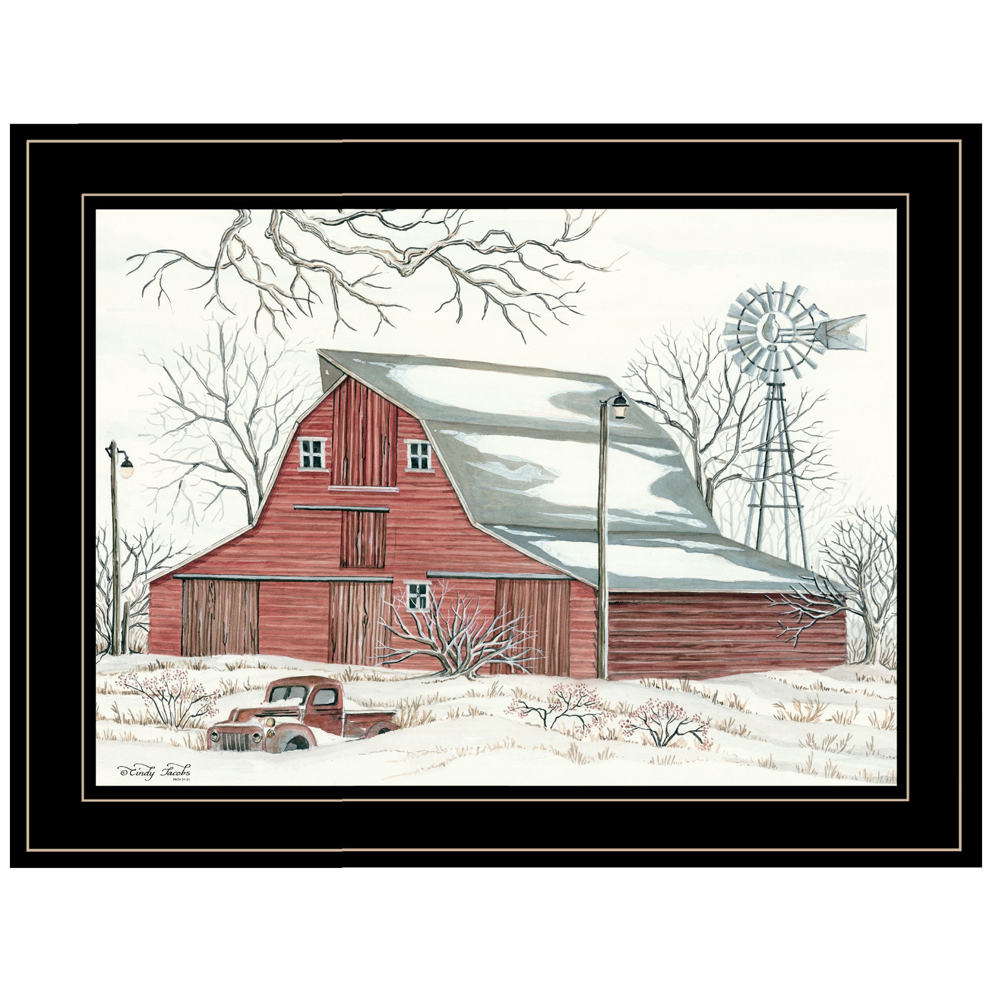'Winter Barn with Pickup Truck' by Cindy Jacobs, Ready to Hang Framed Print, Black Frame