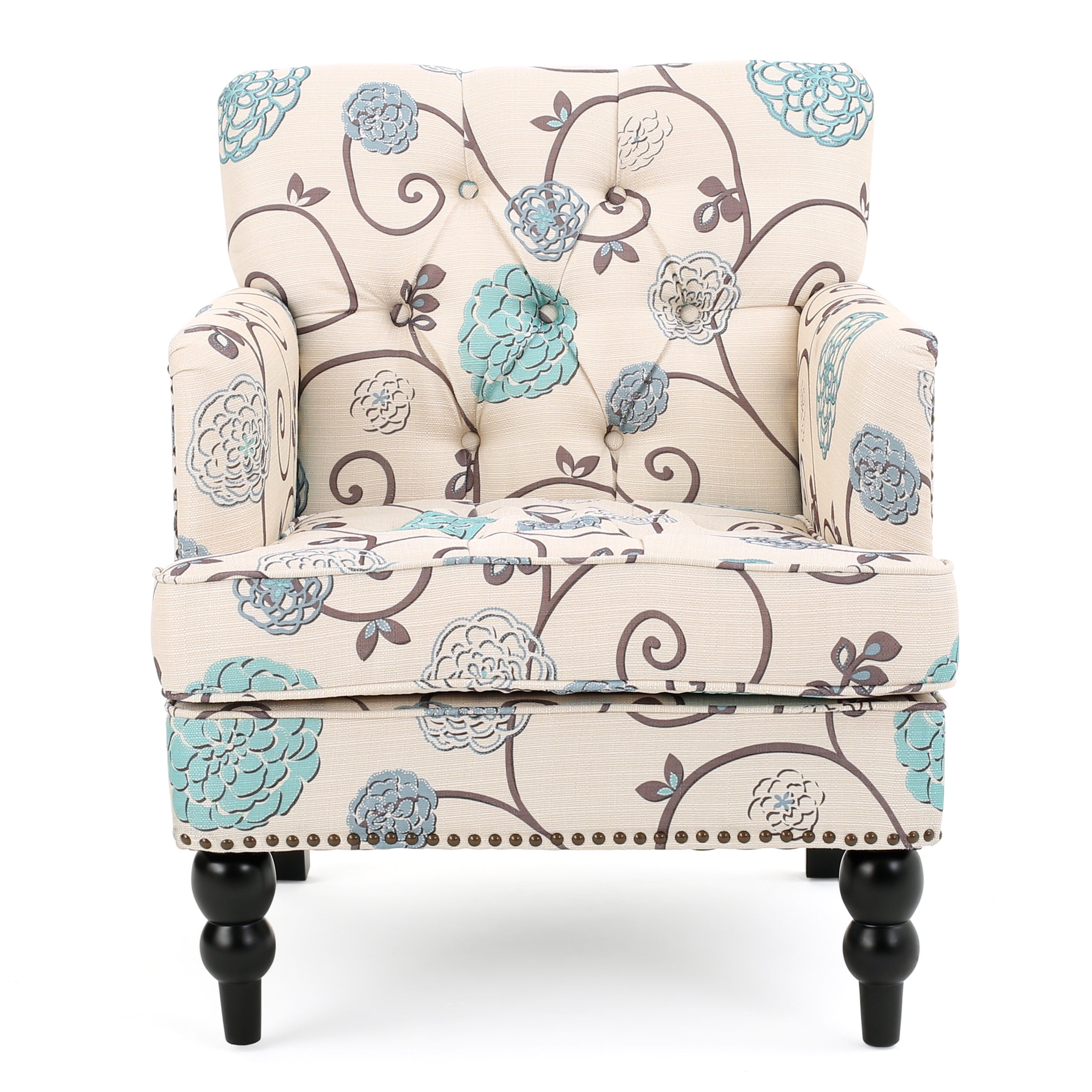 Vitality Club Chair with Button-tufted Diamond Stitching and Turned Legs, Blue and White