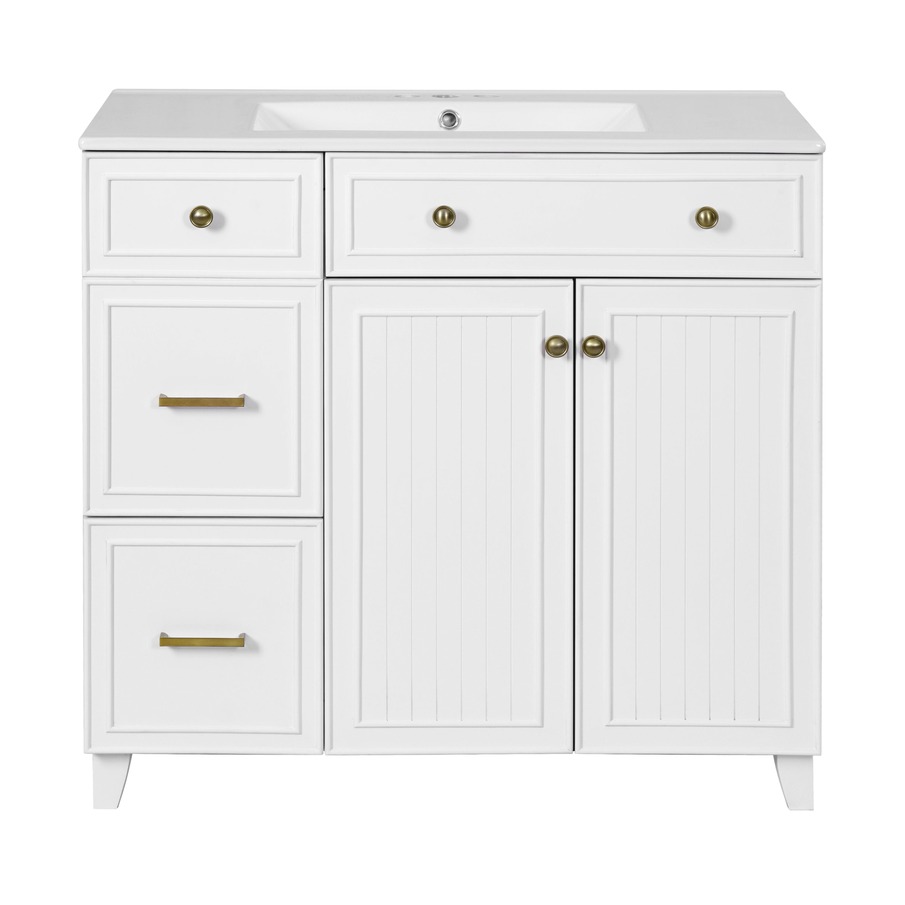 36' Modern Bathroom Vanity with Ceramic Sink, Soft Close Doors, Adjustable Shelves, Solid Wood Frame+MDF