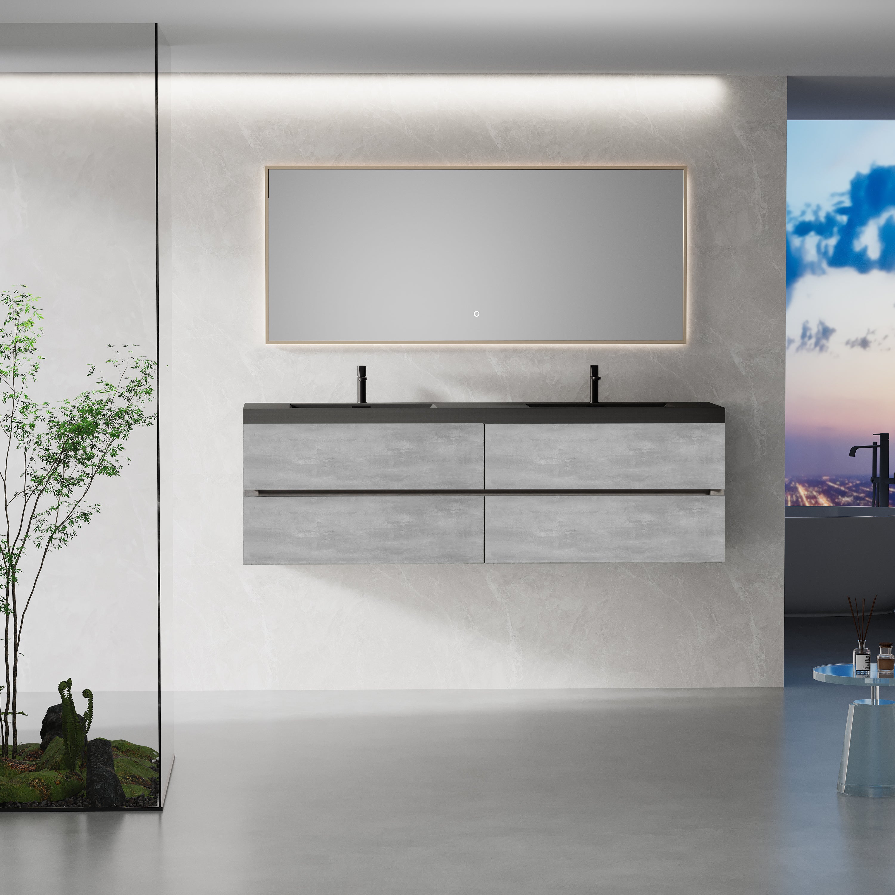 72' Floating Bathroom Vanity with Sink, Modern Wall-Mounted Bathroom Storage Vanity Cabinet with Two Black Quartz Sand Top Basins and Four Soft Close Drawers, EDI-Series Cement Grey 24V12-72GR