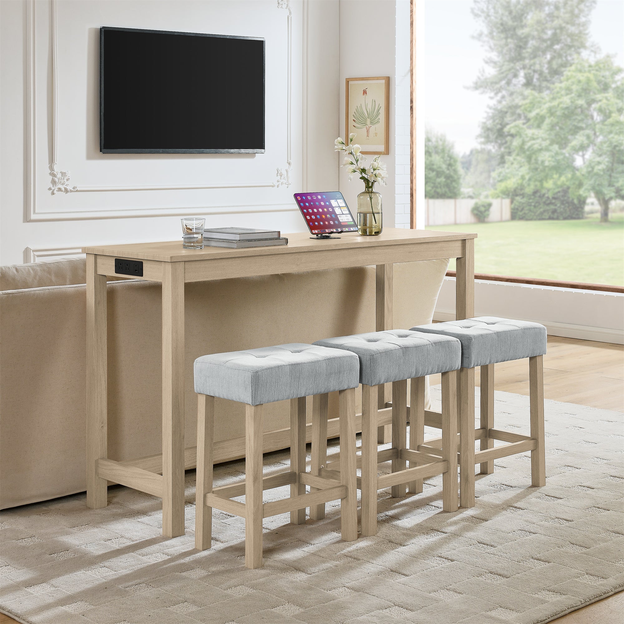 59 Inch Bar Table, Dining Table, Sofa Table with Power Outlet, 3 Upholstered Stools, 4 Piece Bar Table and Chair Set for Living Room, Dining Room, Kitchen