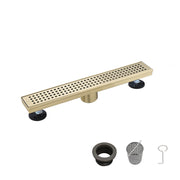 12 Inch Linear Shower Drain with Removable Quadrato Pattern Grate Cover, 304 Stainless Steel Shower Floor Drain with Hair Strainer and Leveling Feet