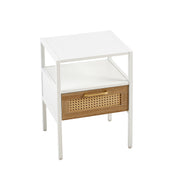 Modern Rattan End Table Set with Drawer and Metal Legs in White, 15.75 Inches