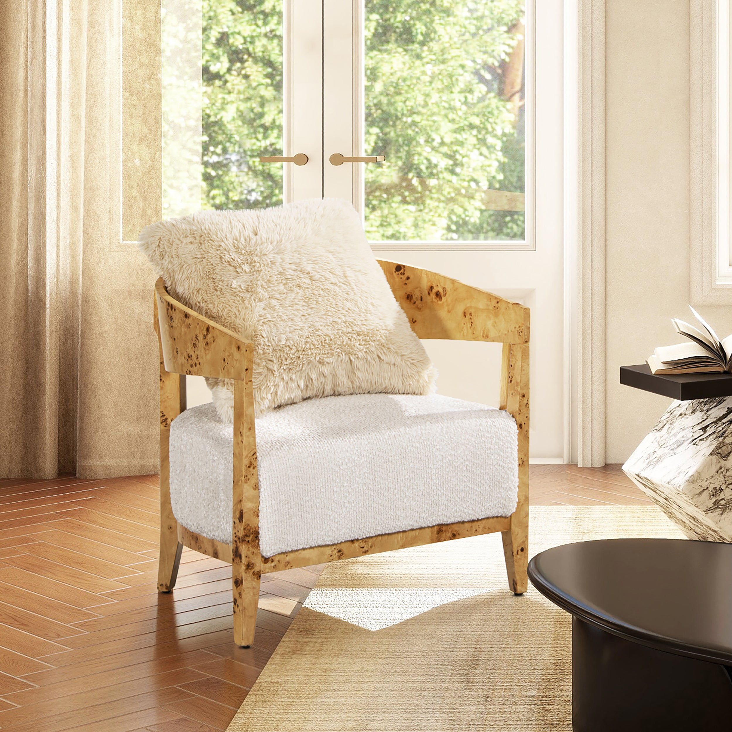 Astrid 20' Square Accent Throw Pillow Cover with Feather Insert, Cream Beige Faux Fur