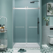 56'-60' W x 76' H Frameless Double Sliding Shower Door, Soft-Close Brushed Nickel Shower Screen, 5/16' (8mm) Clear Tempered Glass With Explosion-proof Film, Dual Stainless Steel Door Handles