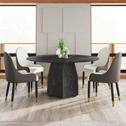 59.05' Round Marble Dining Table With Black Textured Solid Wood Base, Artificial Marble for 6-8 People, Dining Room/Living Room Kitchen Dining Table,Black (Dining Table Only)