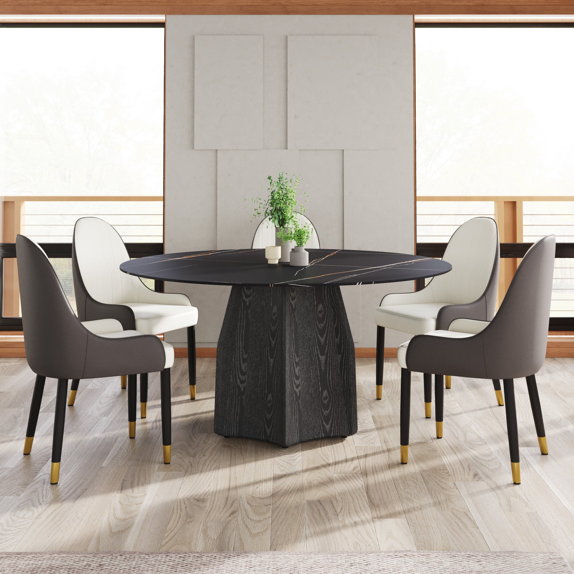 59.05' Round Marble Dining Table With Black Textured Solid Wood Base, Artificial Marble for 6-8 People, Dining Room/Living Room Kitchen Dining Table,Black (Dining Table Only)