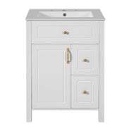 Elegant 24-Inch Bathroom Vanity with Ceramic Sink, Soft Close Doors and Drawers, Double Storage Racks, White ,Solid Wood MDF