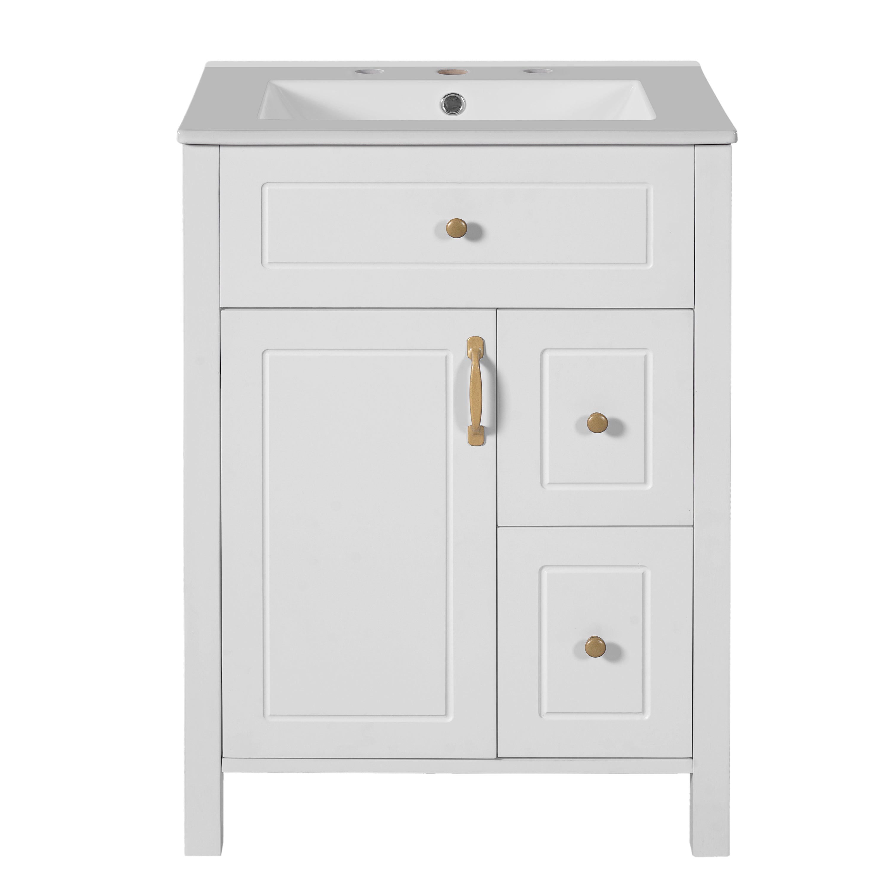 Elegant 24-Inch Bathroom Vanity with Ceramic Sink, Soft Close Doors and Drawers, Double Storage Racks, White ,Solid Wood MDF