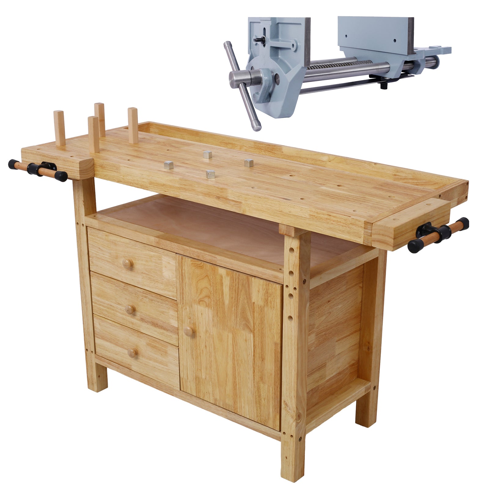 Wood Workbench - Wooden Workbench for Garage Workshop and Home, with Rapid Action Woodworking Vise 9 Inch Jaw Width Made with Heavy-Duty Cast Iron ,GRAY