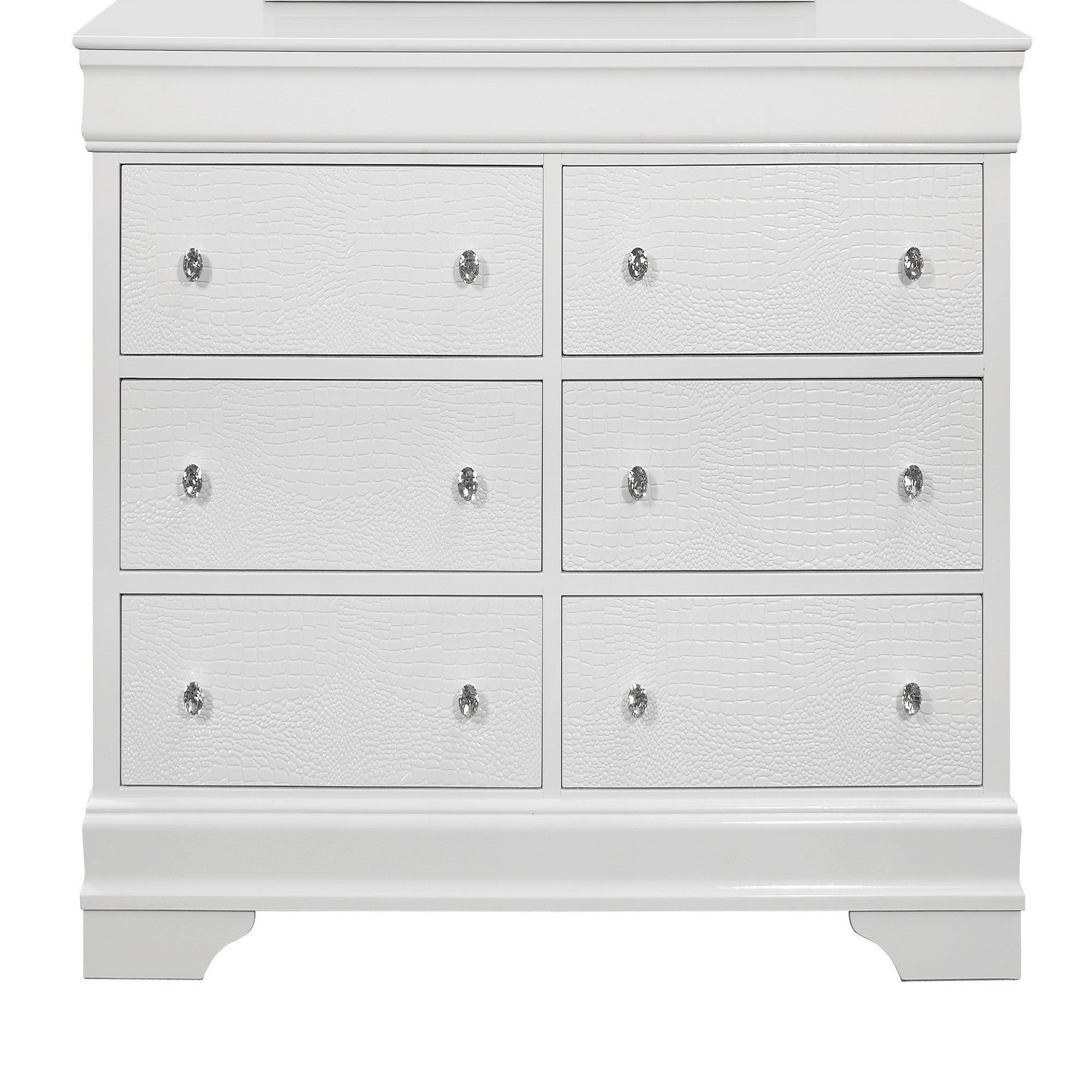 Shaker Crocodile Metallic White Dresser with Crystal Embellished Hardware and Textured Drawer Fronts