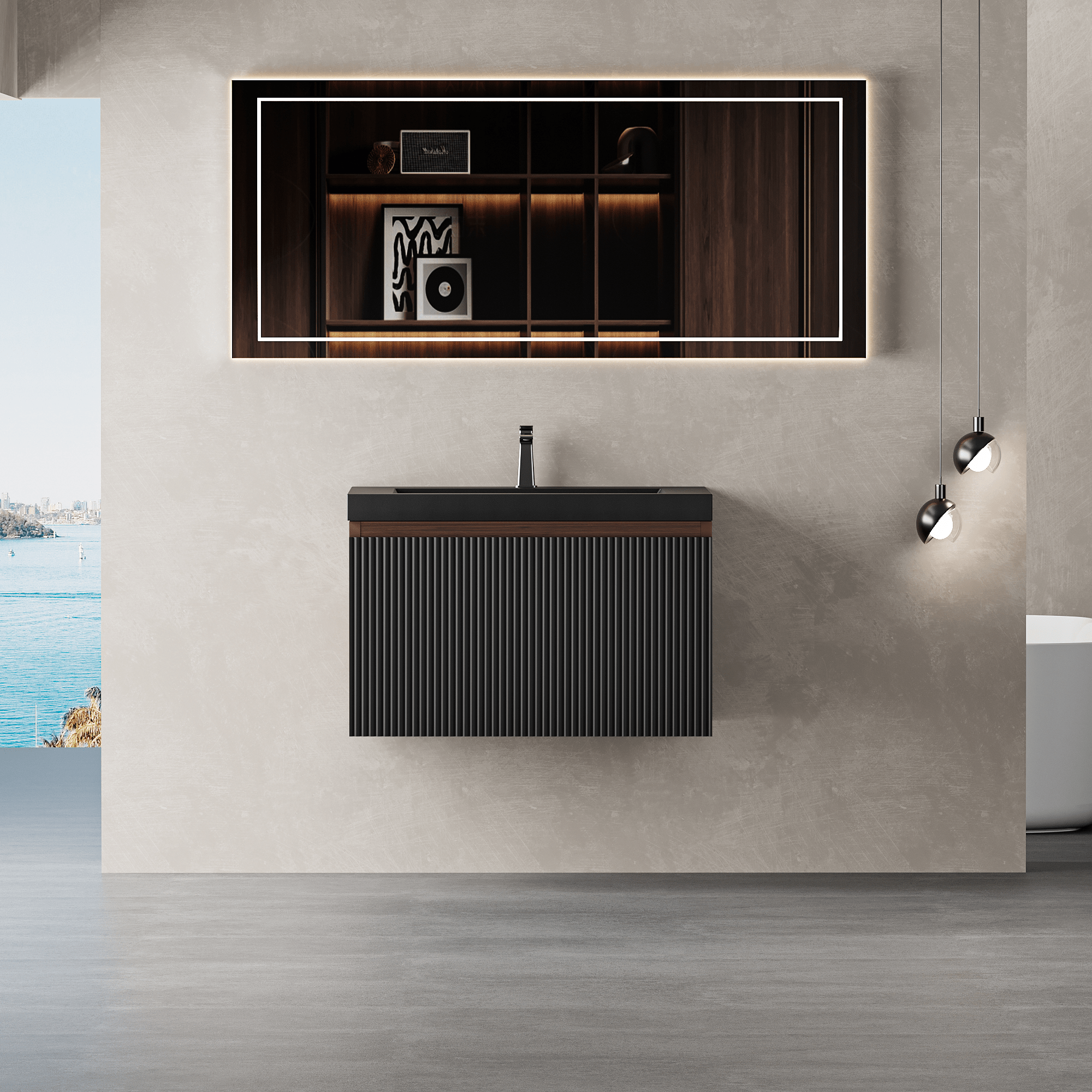 24'' Floating Bathroom Vanity with Sink Combo, Modern Wall-Mounted Striped Bathroom Storage Cabinet with Soft-Close Drawer and Quartz Sand Basin, Smoked Walnut GF-24V16-24WAB