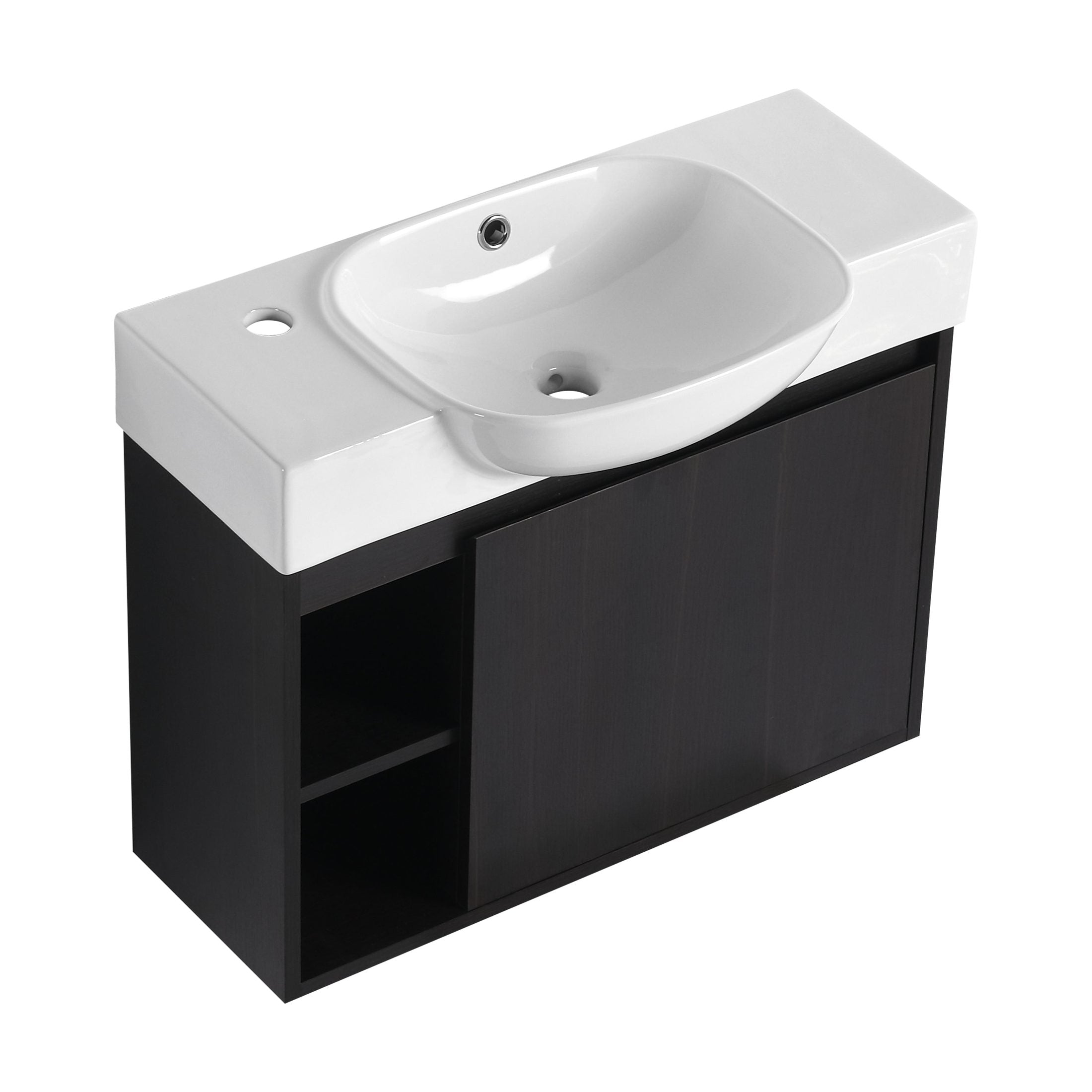 26'' Wall-Mounted Bathroom Vanity with White Ceramic Sink & Soft-Close Door, Dark Oak, KD-Packing