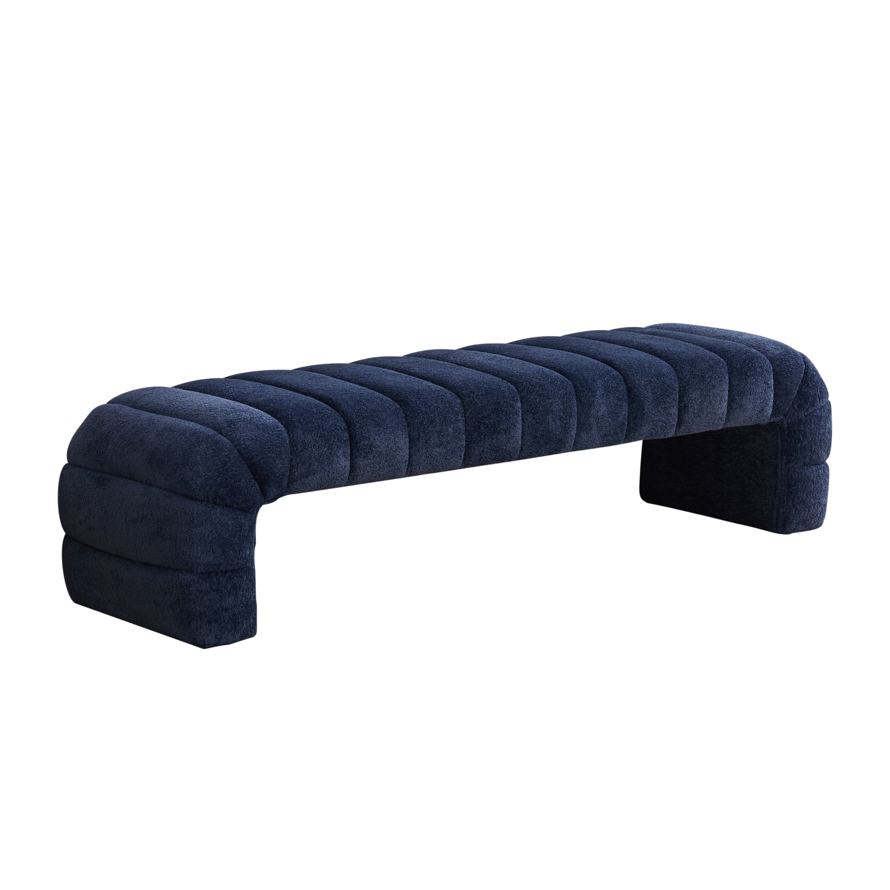 Modern Upholstered Armless Bed Bench, Channel Tufted Couch Daybed Chaise, Navy Chenille Ottoman Foot Stool, 69.7' Wide