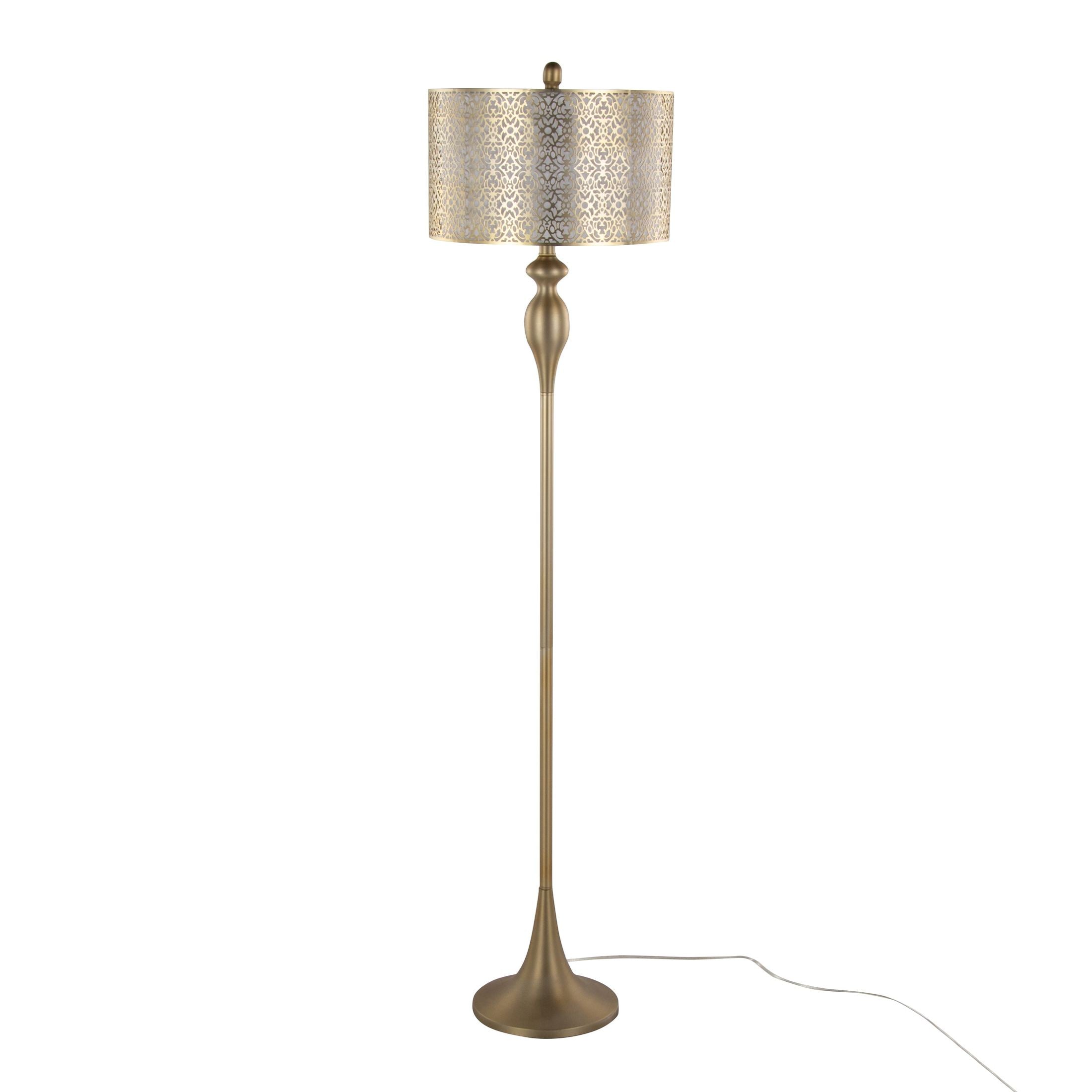 Ashland 63' Contemporary Metal Floor Lamp in Gold Metal with Laser Cut Metal and Off-White Linen Shade from Grandview Gallery by LumiSource