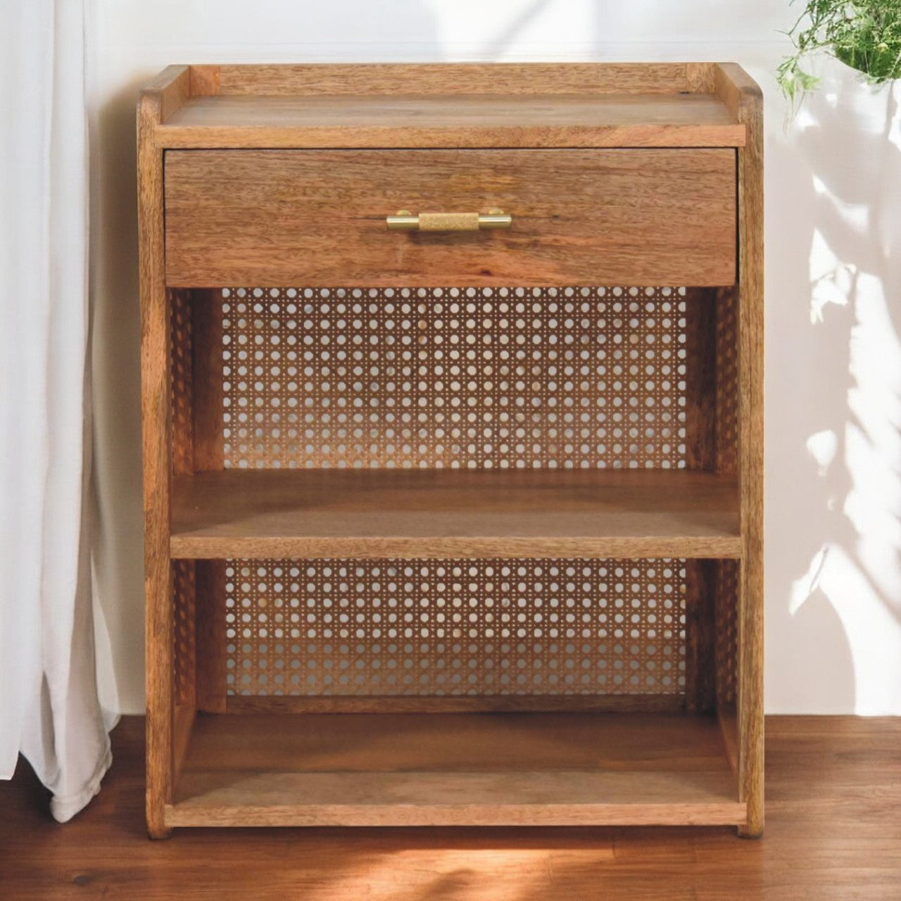 Solid Wood Larissa T-Bar Bedside, 1-Drawer, 2 Open-Slots, Light Brown
