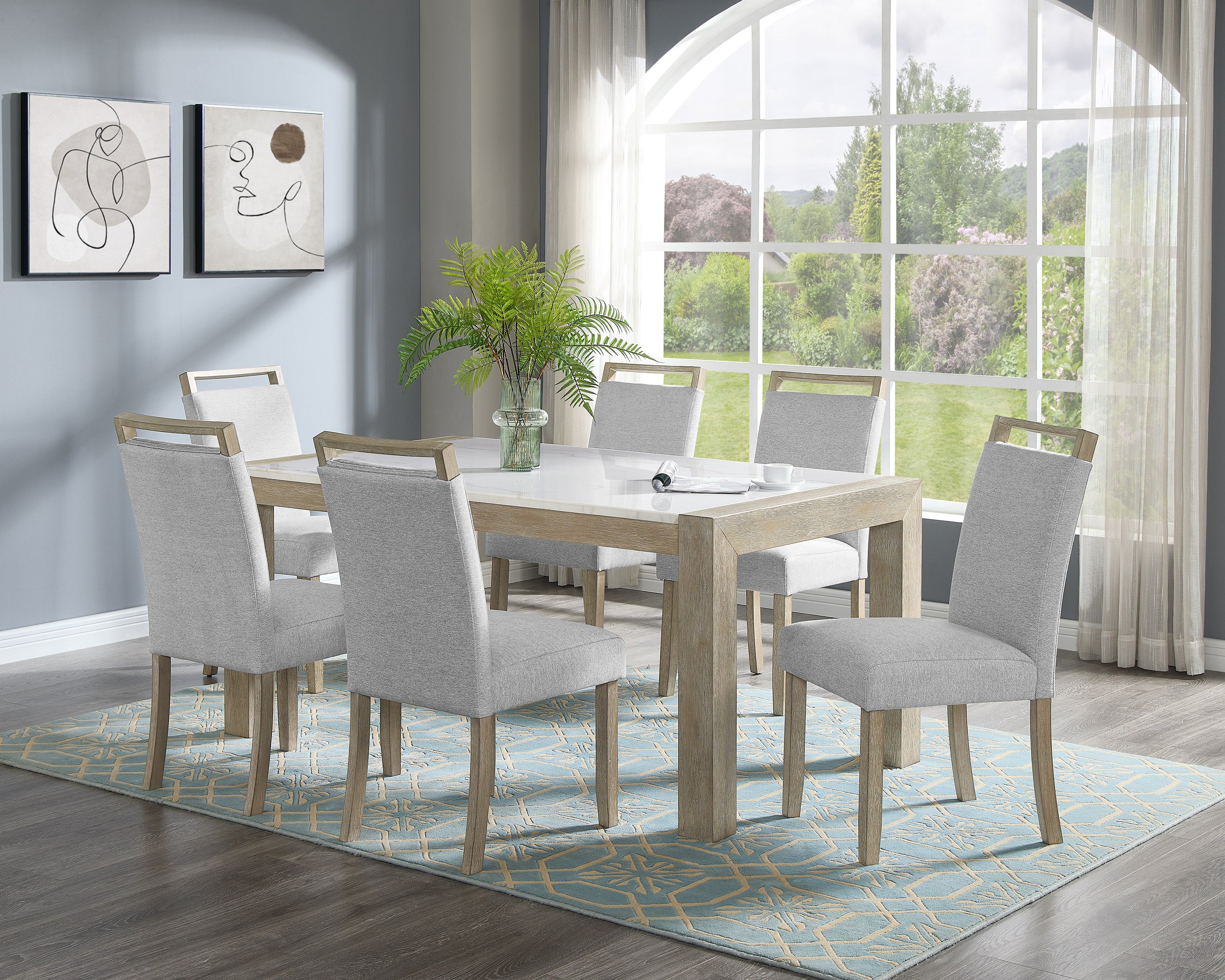 7pc Dining Set Contemporary Style White Genuine Marble Stone Rectangular Table Full Back Upholstered Chairs Beige Gray Dining Room Wooden Furniture